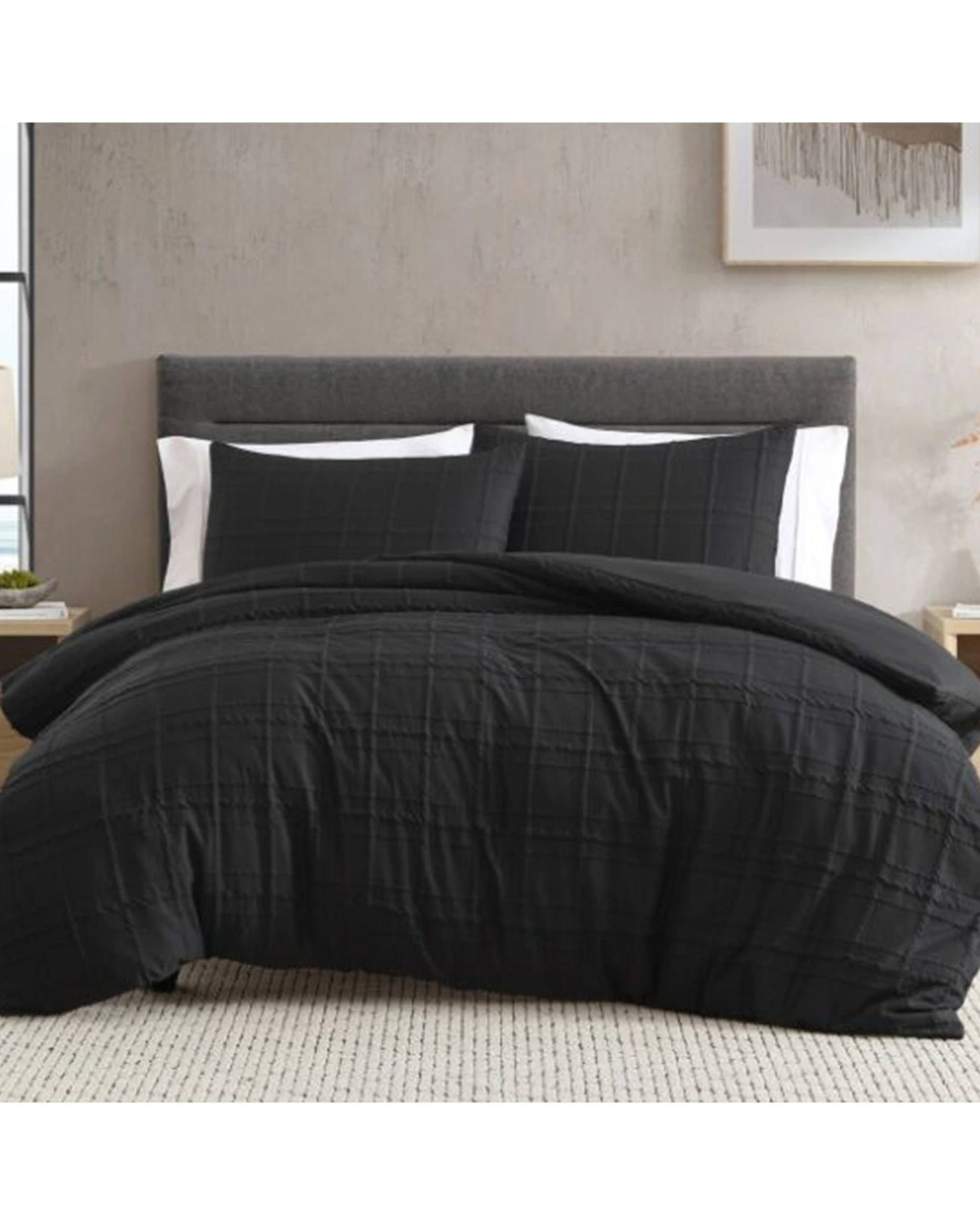 1 Ardor Subtle Textured Check Leonard Quilt Bed Bedding Duvet Cover Set Queen - Black, 1 of 1