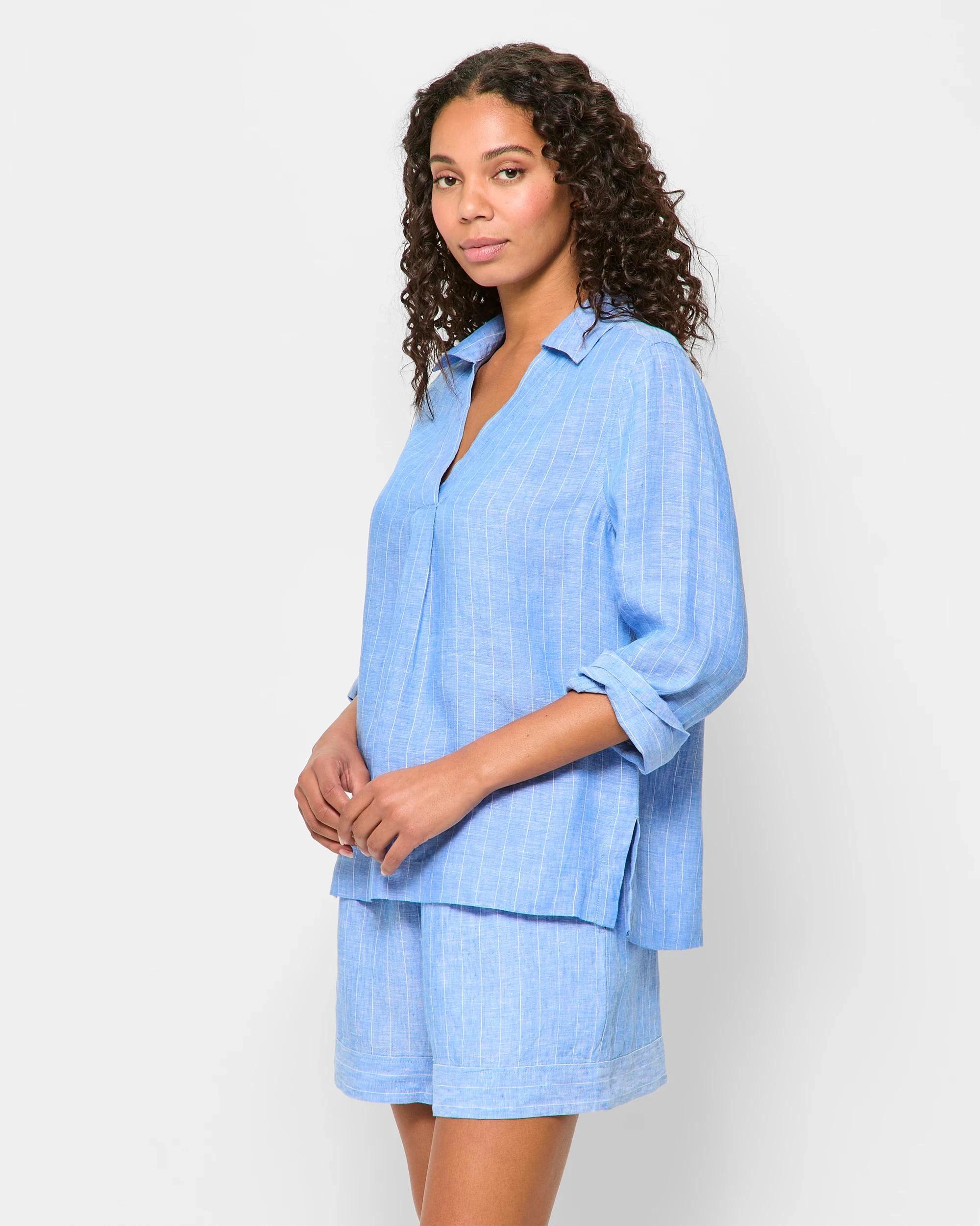 3 Target Woman European Linen 3/4 Sleeve Popover Shirt BOLD BLUE STRIPE, 3 of 5