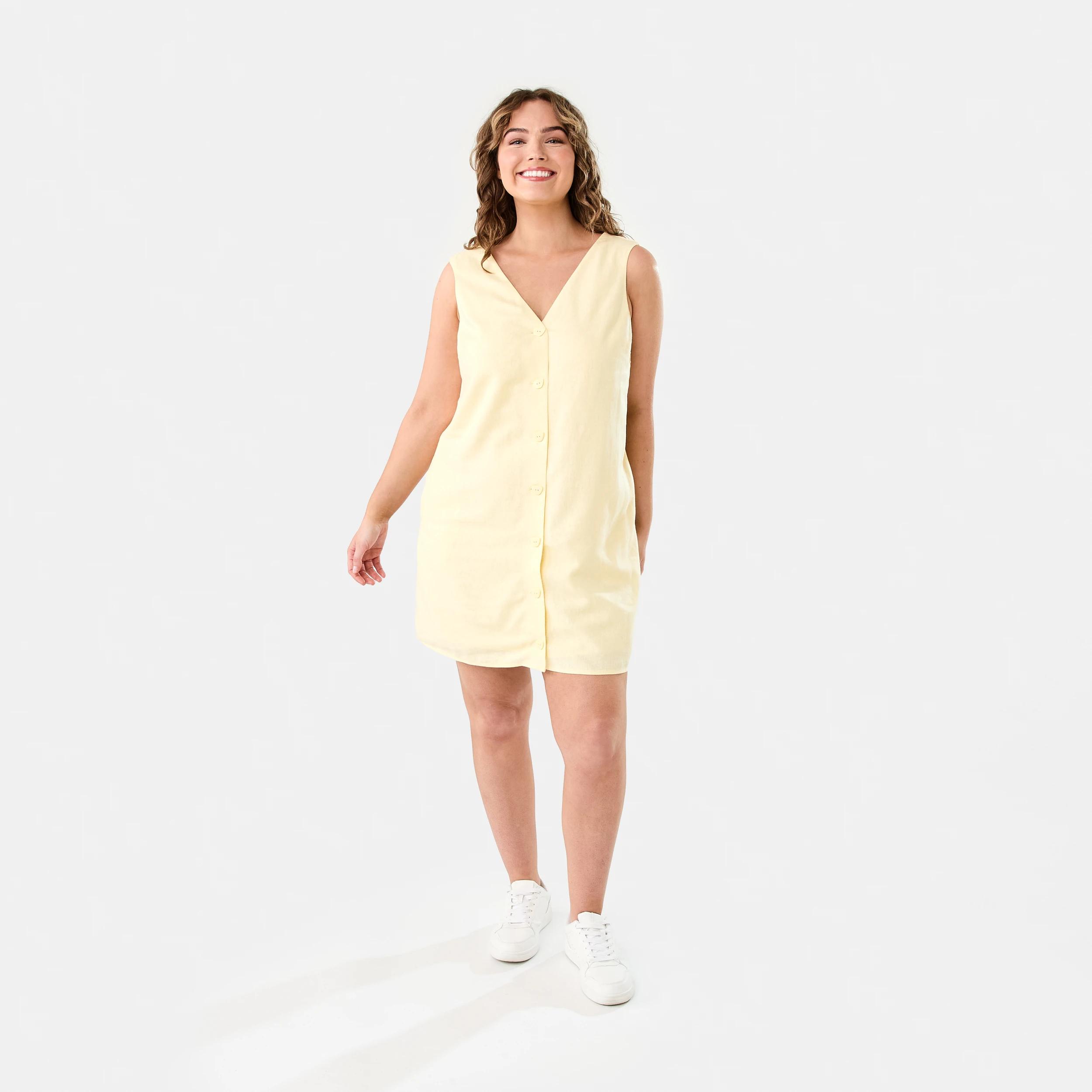 9 Sleeveless V-neck Linen Blend Button Mini Dress Fln Yellow, 9 of 9