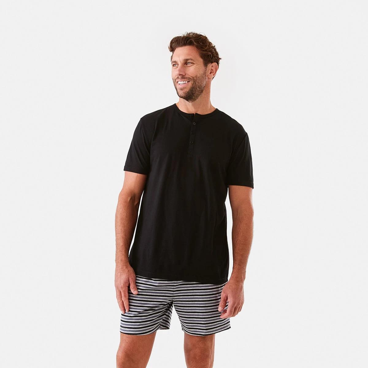 1 Short Sleeve Henley Neck Knit Pyjama Set Horiznstrp, 1 of 9