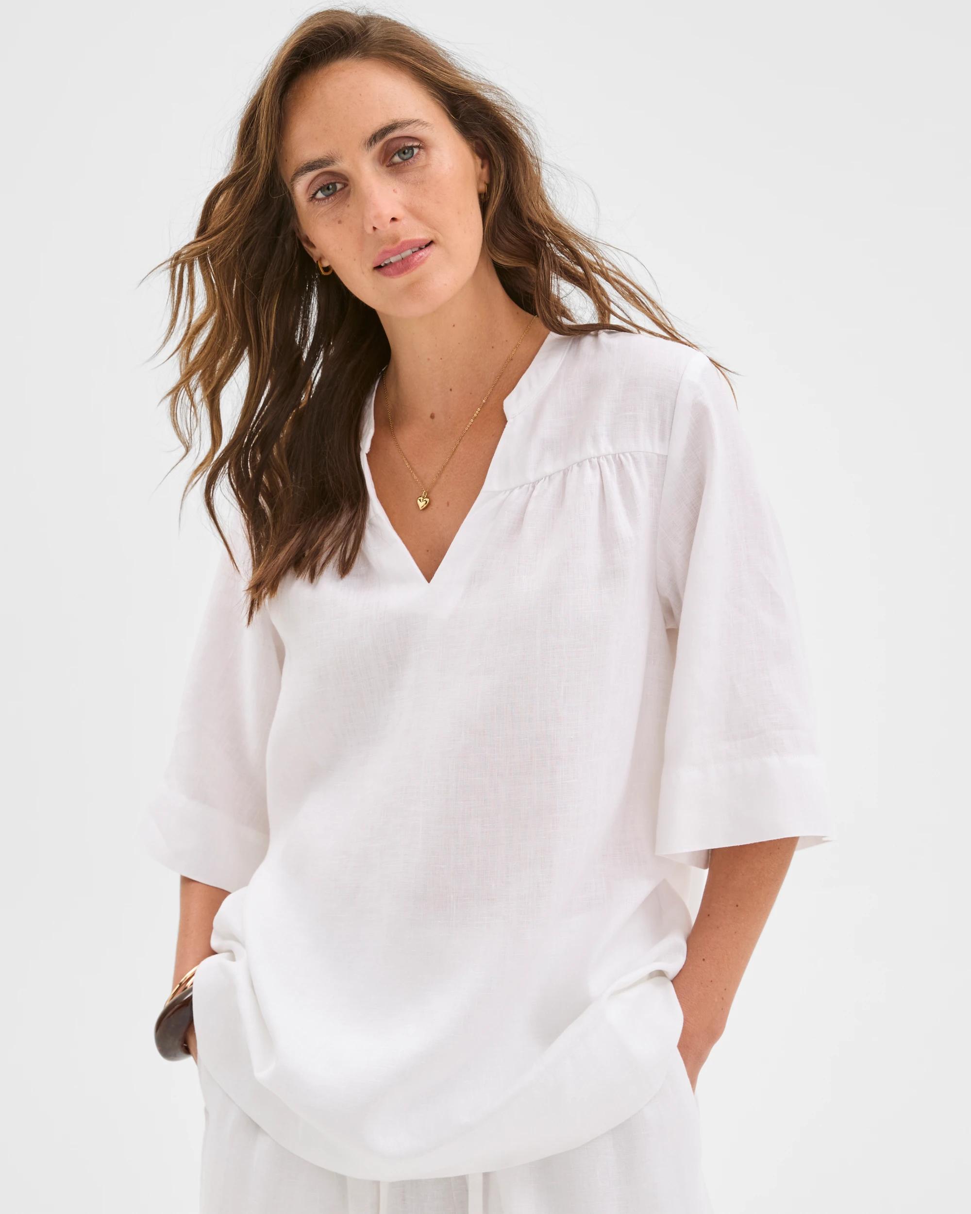 1 Target Woman European Linen Short Sleeve V-Front Tunic Top WHITE, 1 of 6