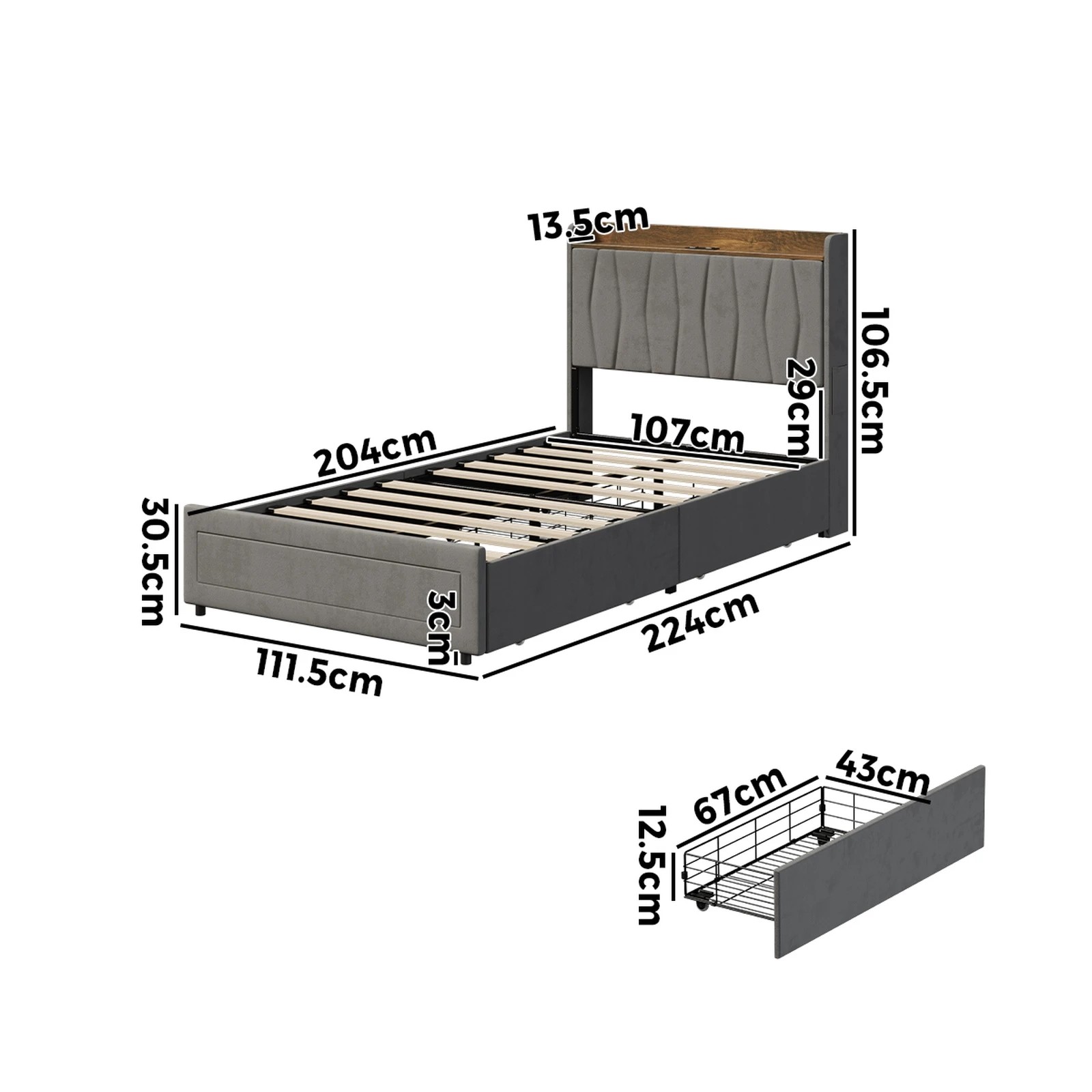 2 Oikiture Bed Frame King Single Size with 4 Drawers Charging Station USB Ports - Grey, 2 of 7