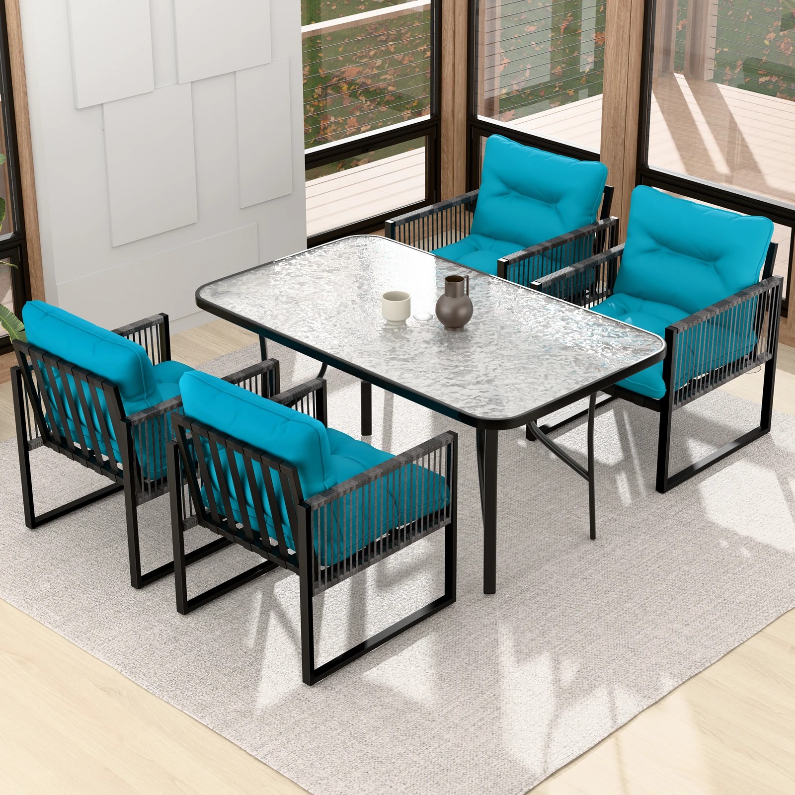 4 Alfordson 5PCS Outdoor Patio Furniture Dining Set Table Chairs Wicker Lounge - Blue, 4 of 10