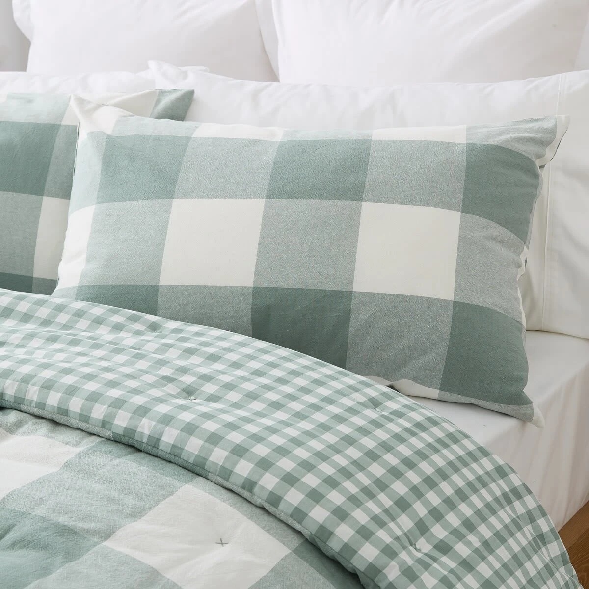 3 Check Cotton Cover Reversible Comforter Set - King Bed, Green and White, 3 of 7