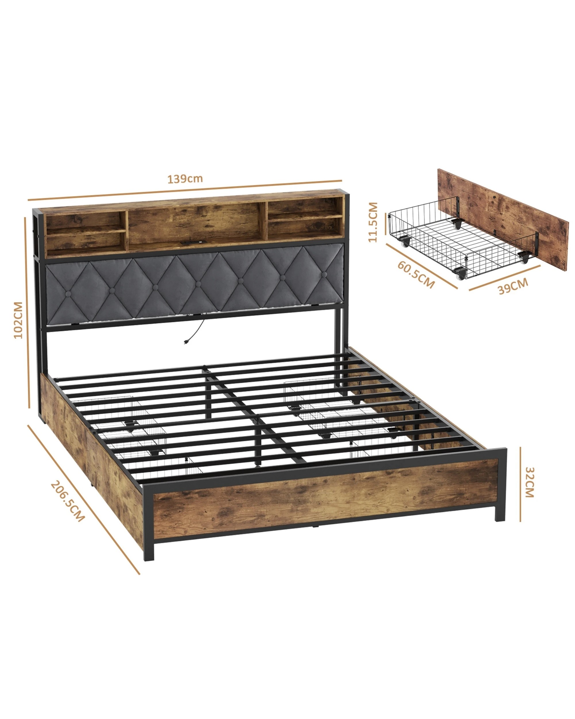2 Advwin Double Size Bed Frame with 4 Storage Drawers and Charging Station, 2 of 7