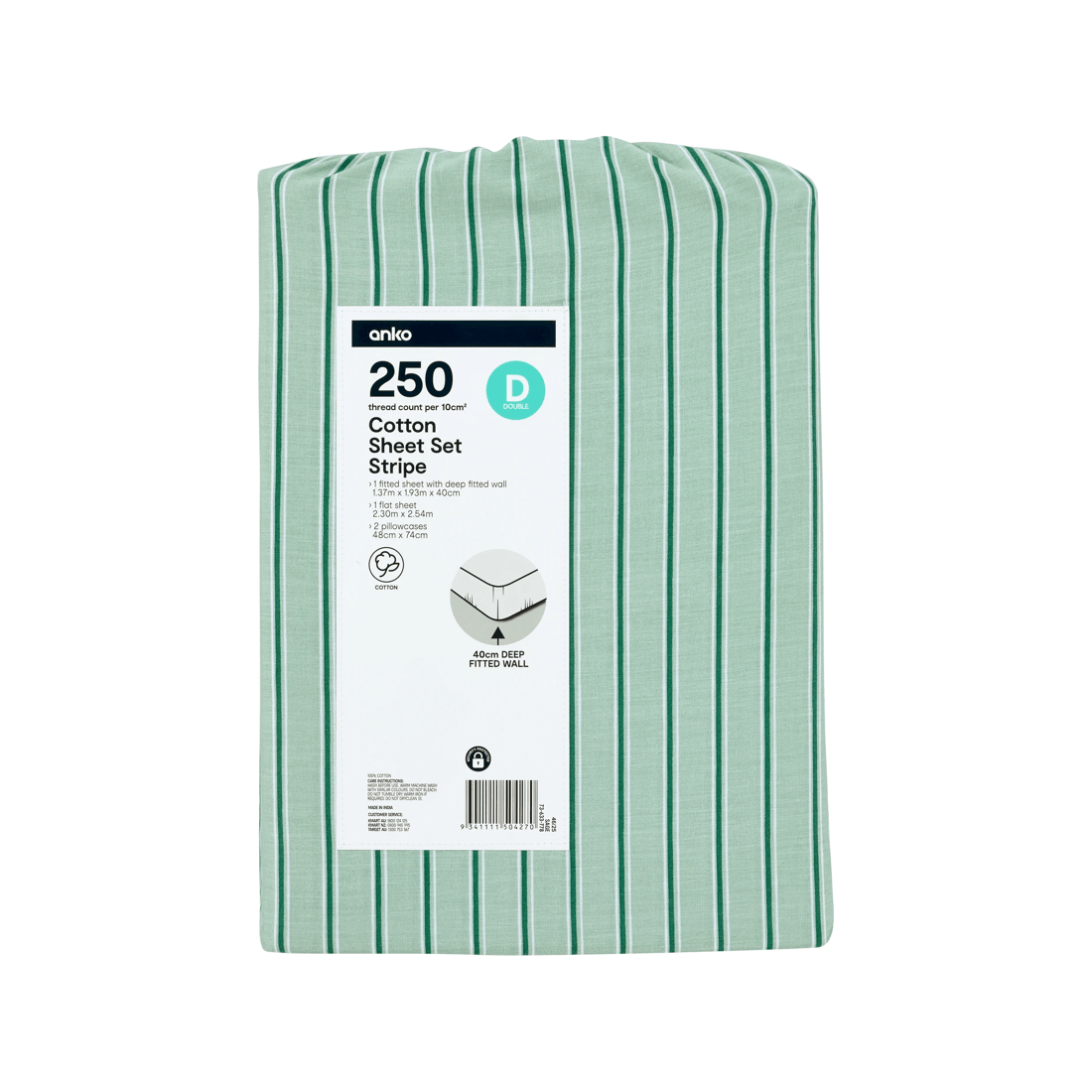 7 250 Thread Count Cotton Stripe Sheet Set - Double Bed, Sage, 7 of 7