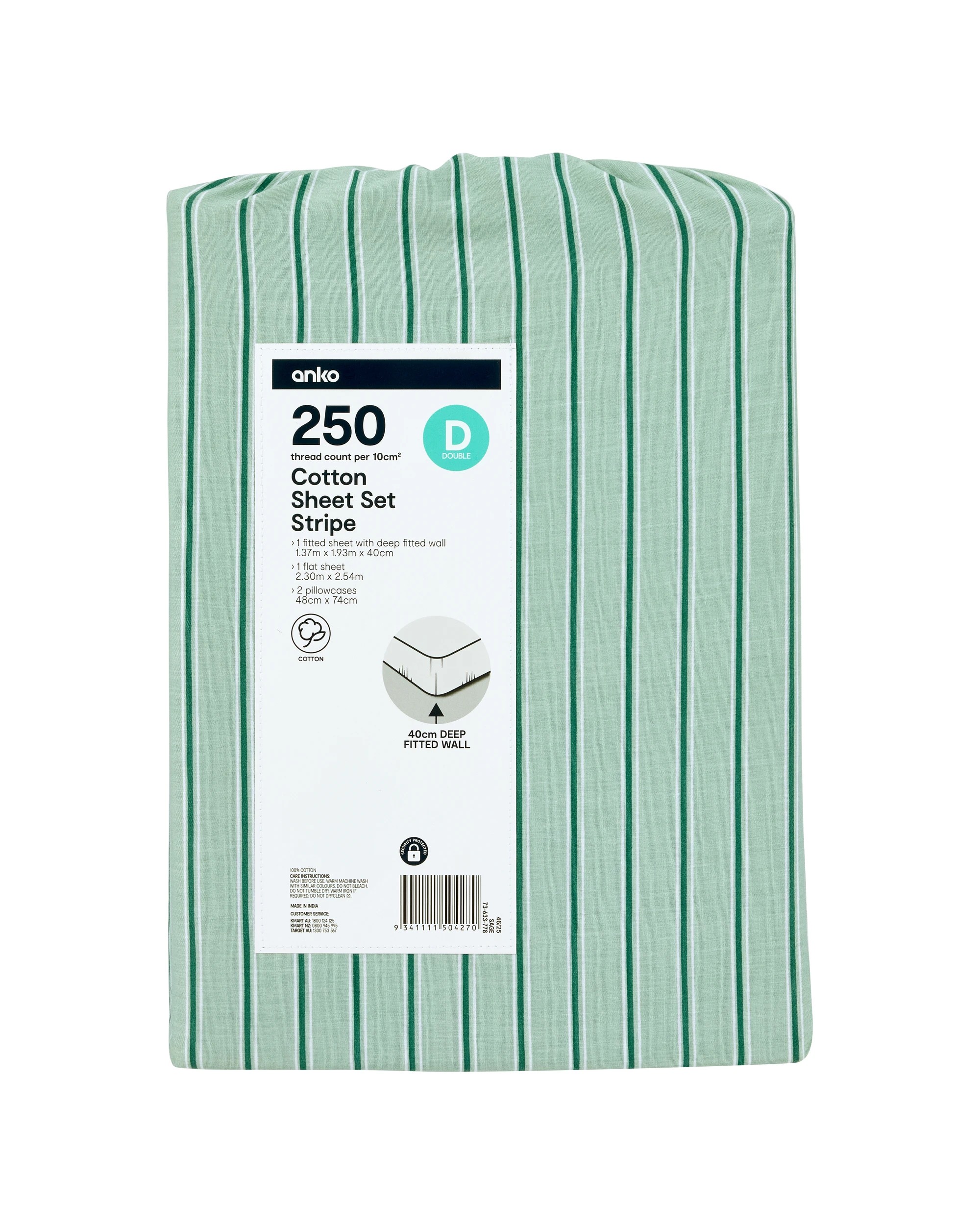 7 250 Thread Count Cotton Stripe Sheet Set - Double Bed, Sage, 7 of 7