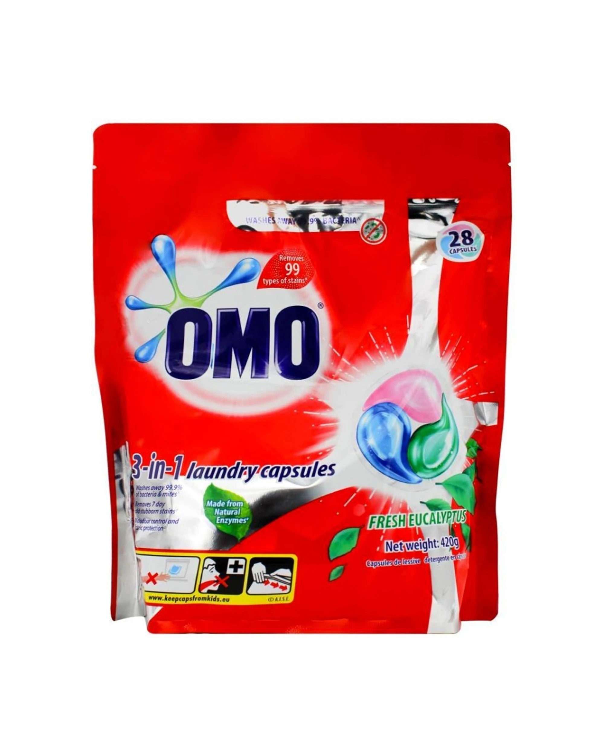 1 Omo 28pc Omo 3-In-1 Laundry Capsules Fresh Eucalyptus Front And Top Loader, 1 of 3