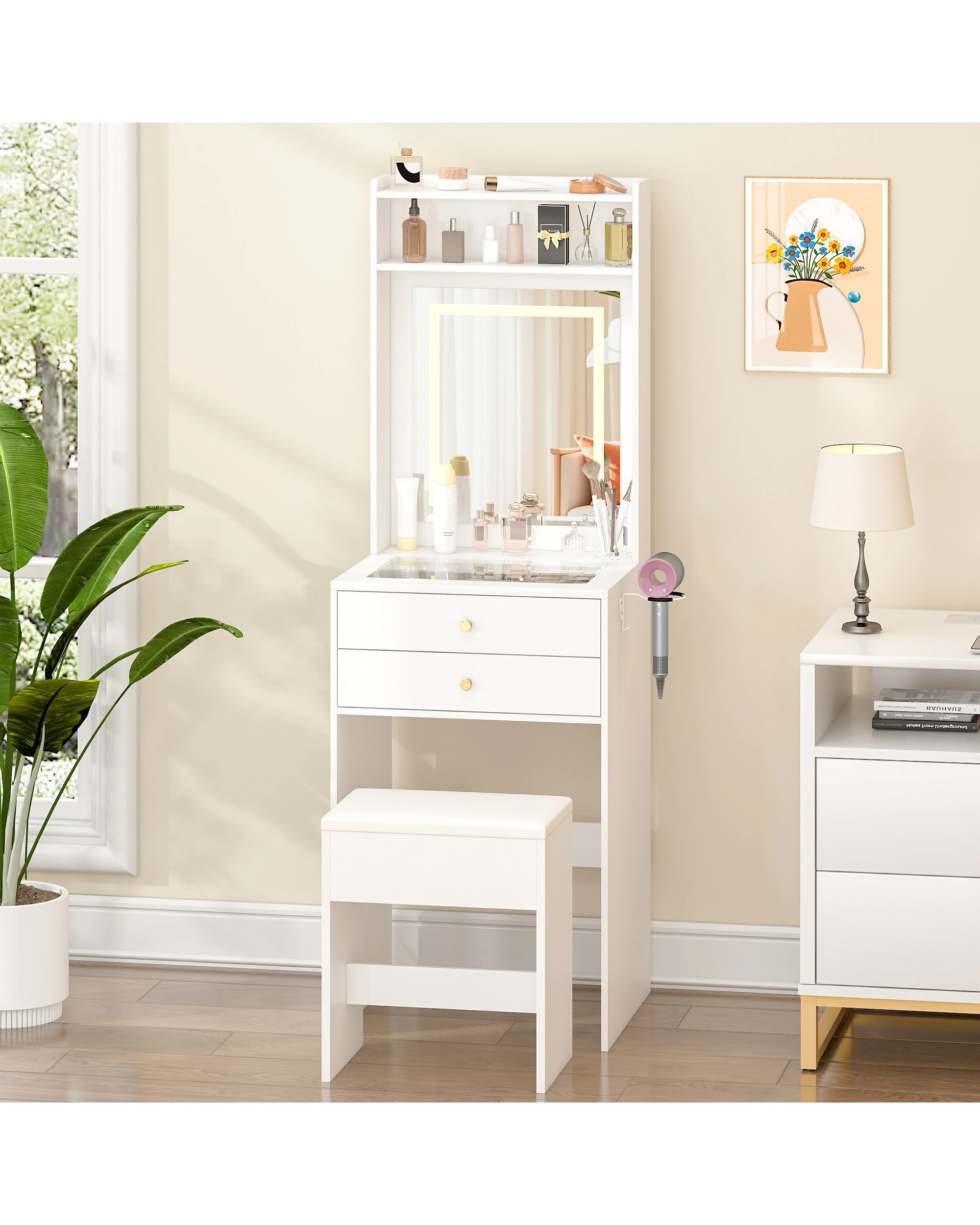 3 Advwin Dressing Table Set With Glass Desktop Makeup Desk Mirror Led Light Storage Drawers, 3 of 10