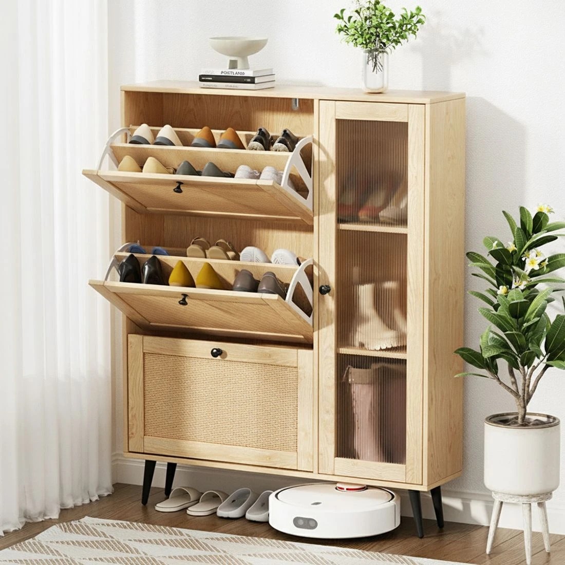 6 Artiss Shoe Rack Cabinet 3 Flip-out Drawers Pine - Natural, 6 of 6