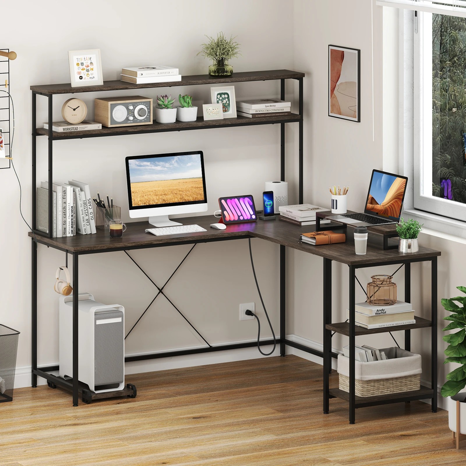 2 Costway Reversible L-Shaped Gaming Desk w/Power Outlets LED Computer Corner Desk - Grey, 2 of 2