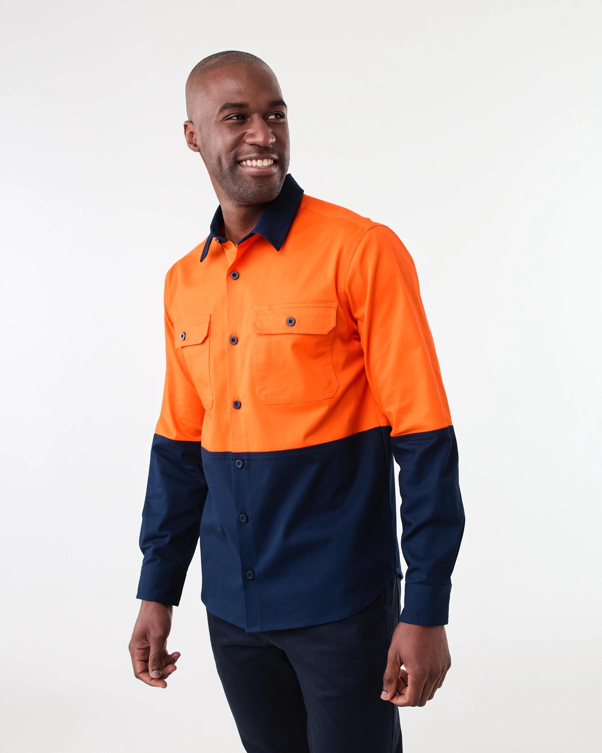 2 Workwear Long Sleeve Hi-Visibility Stretch Shirt SAFETY ORANGE, 2 of 7