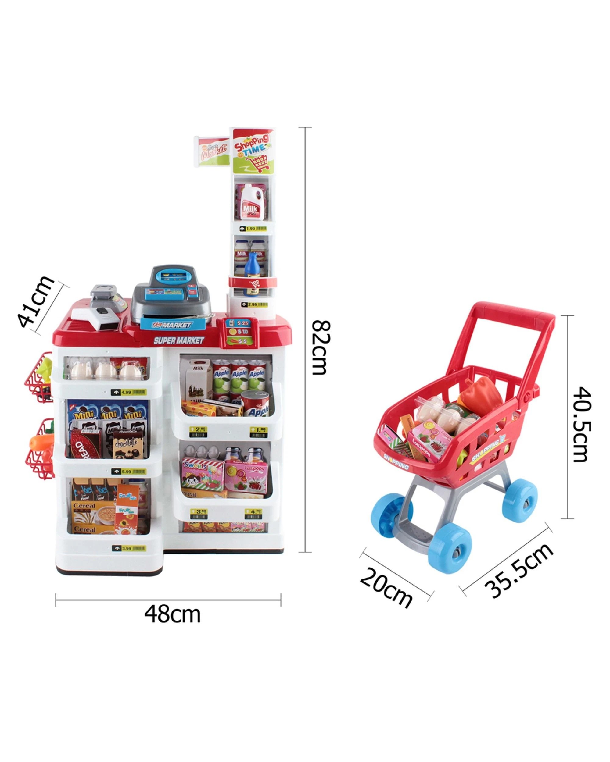 2 Keezi Kids Pretend Role Play Supermarket 24 Piece Playset Cash Register Trolley - Multi, 2 of 6