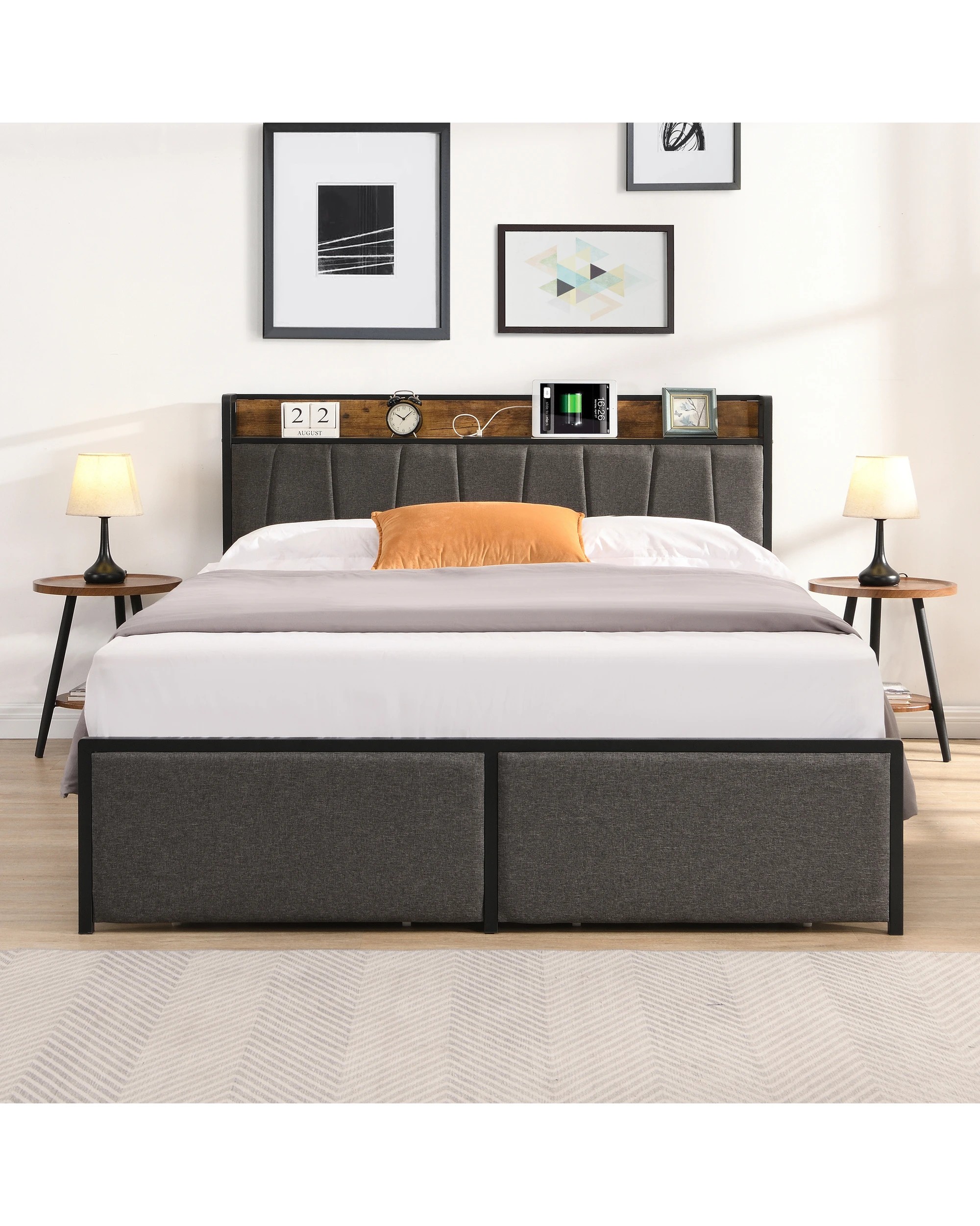 3 IHOMDEC BED04 Double Bed Frame Charging Station 2 Drawers - Grey - Grey, 3 of 10