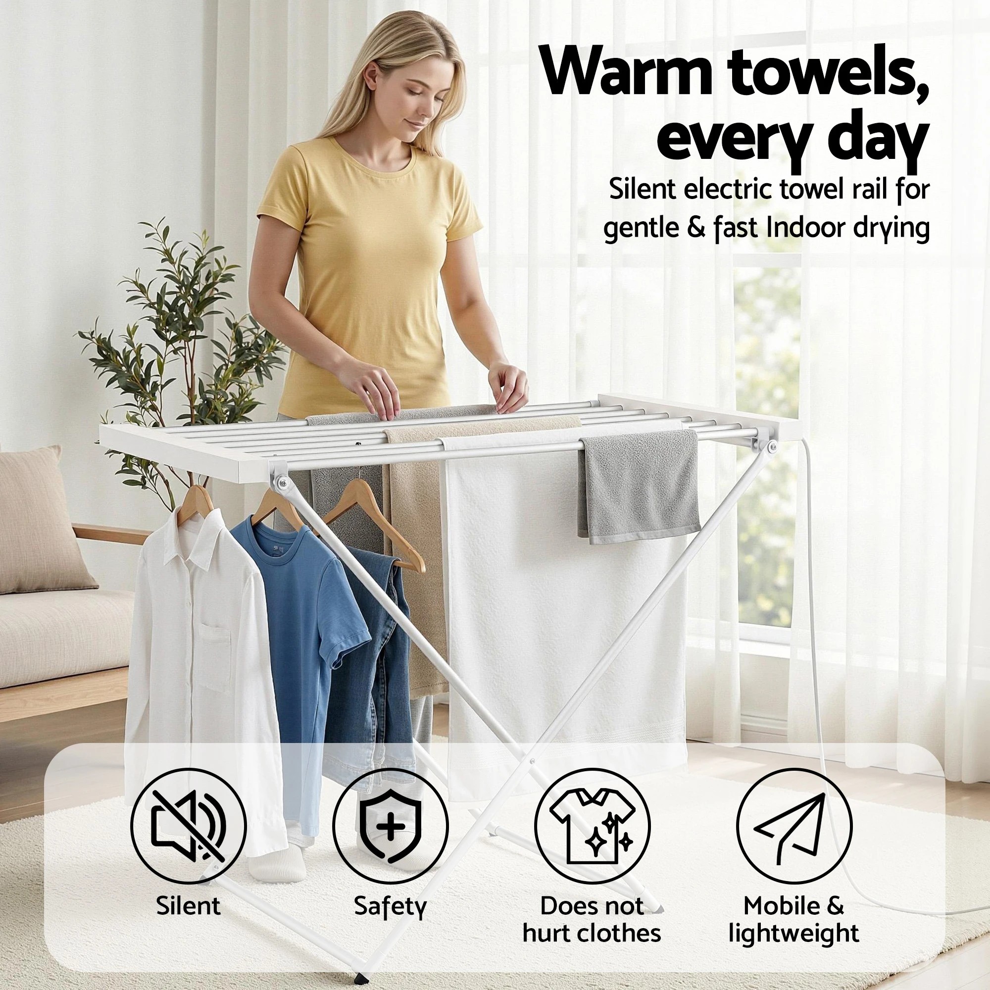 2 Devanti Heated Towel Rail Electric Clothes Airer Foldable Drying Rack 8 Bars - Silver, 2 of 7
