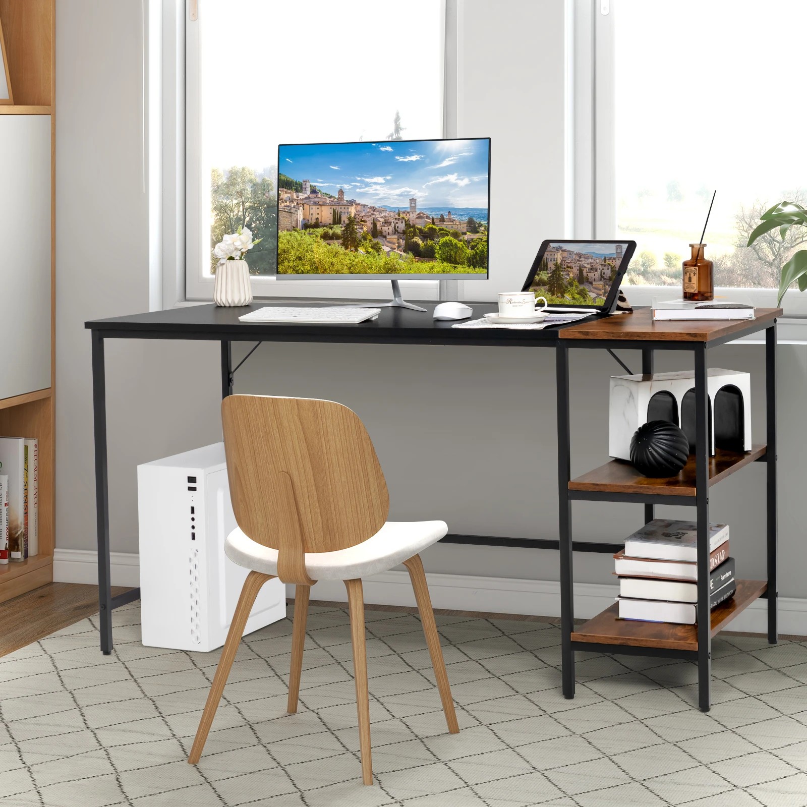 Costway 140cm Reversible Computer Desk Modern Office Workstation w/Open ...