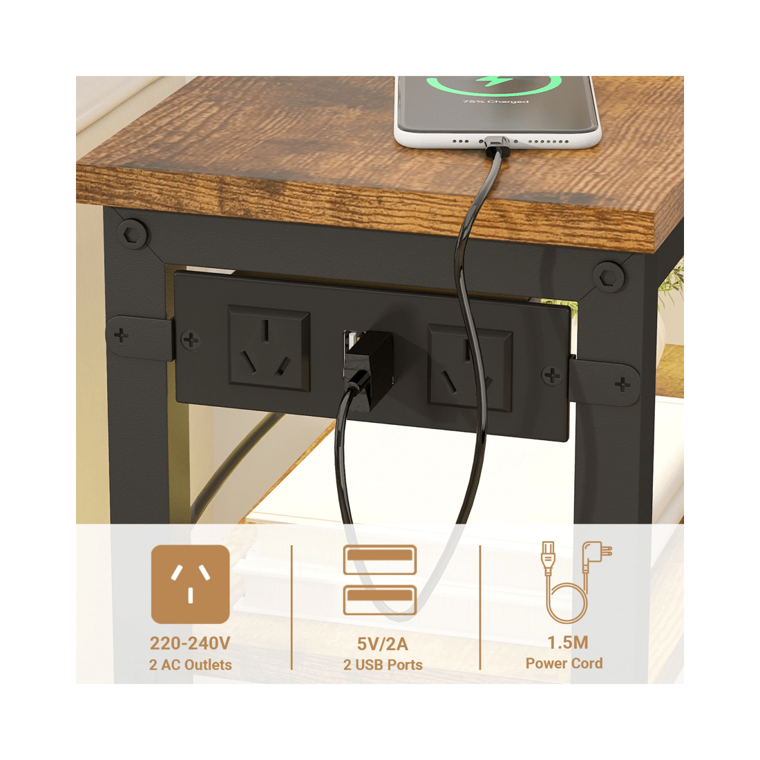 4 Advwin Led Side Table W/ Charging Station Narrow Bedside Table W/ Open Drawer & Open Shelf Walnut, 4 of 8