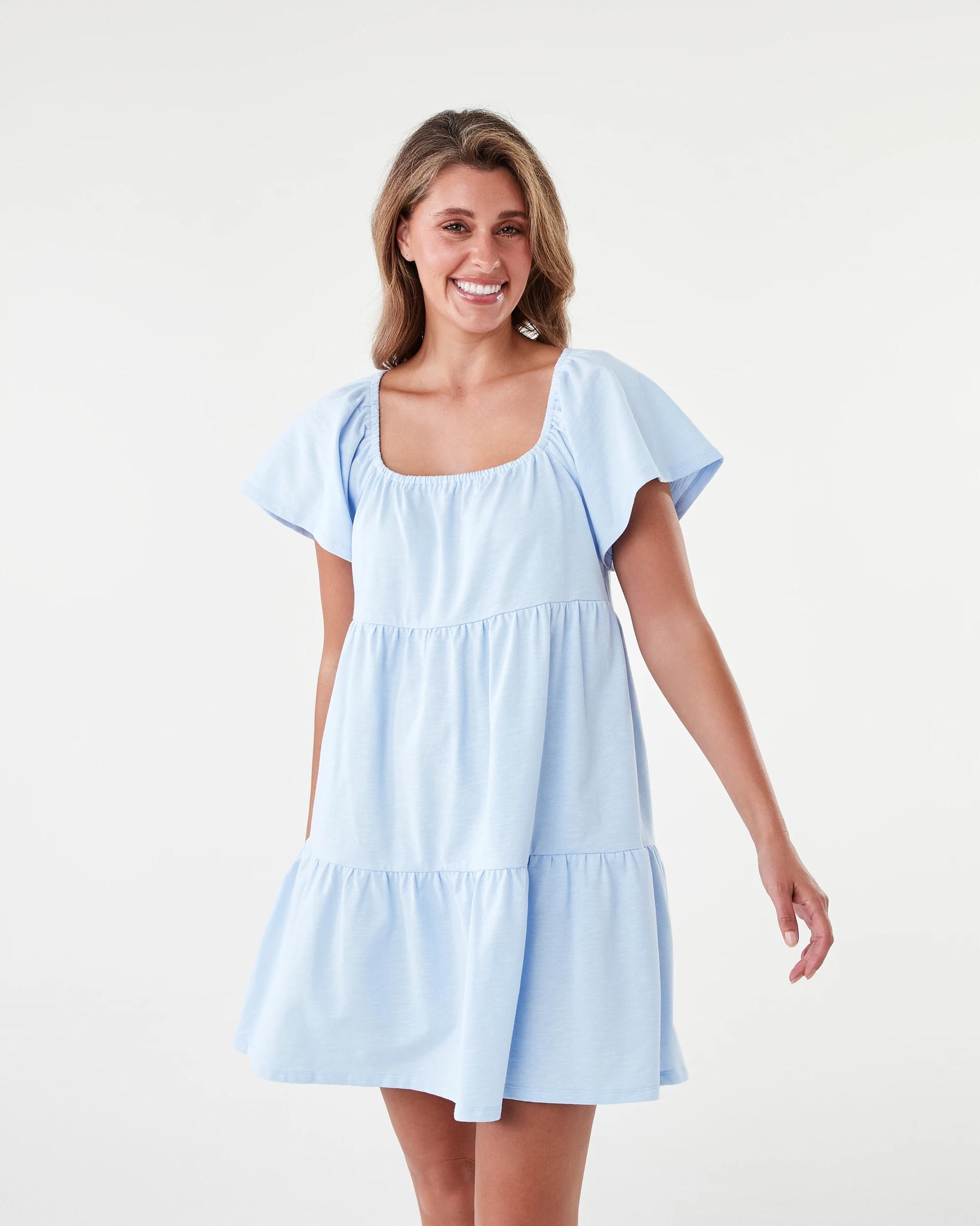 1 Short Sleeve Frill Tiered Jersey Mini Dress Powd Blue, 1 of 8