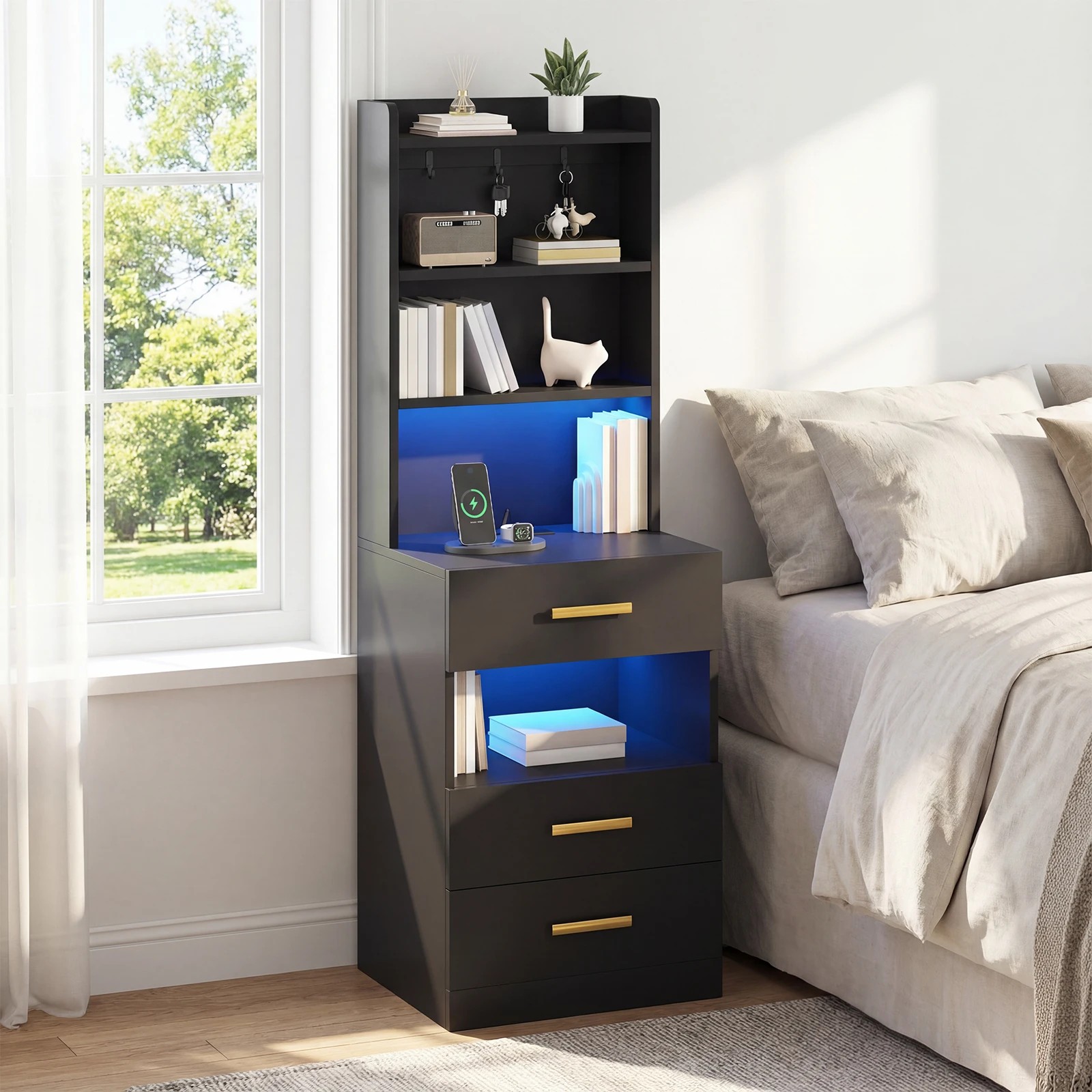 6 Advwin Set of 2 Tall Bedside Table with Charging Station LED Lights 3 Drawers - Black, 6 of 9