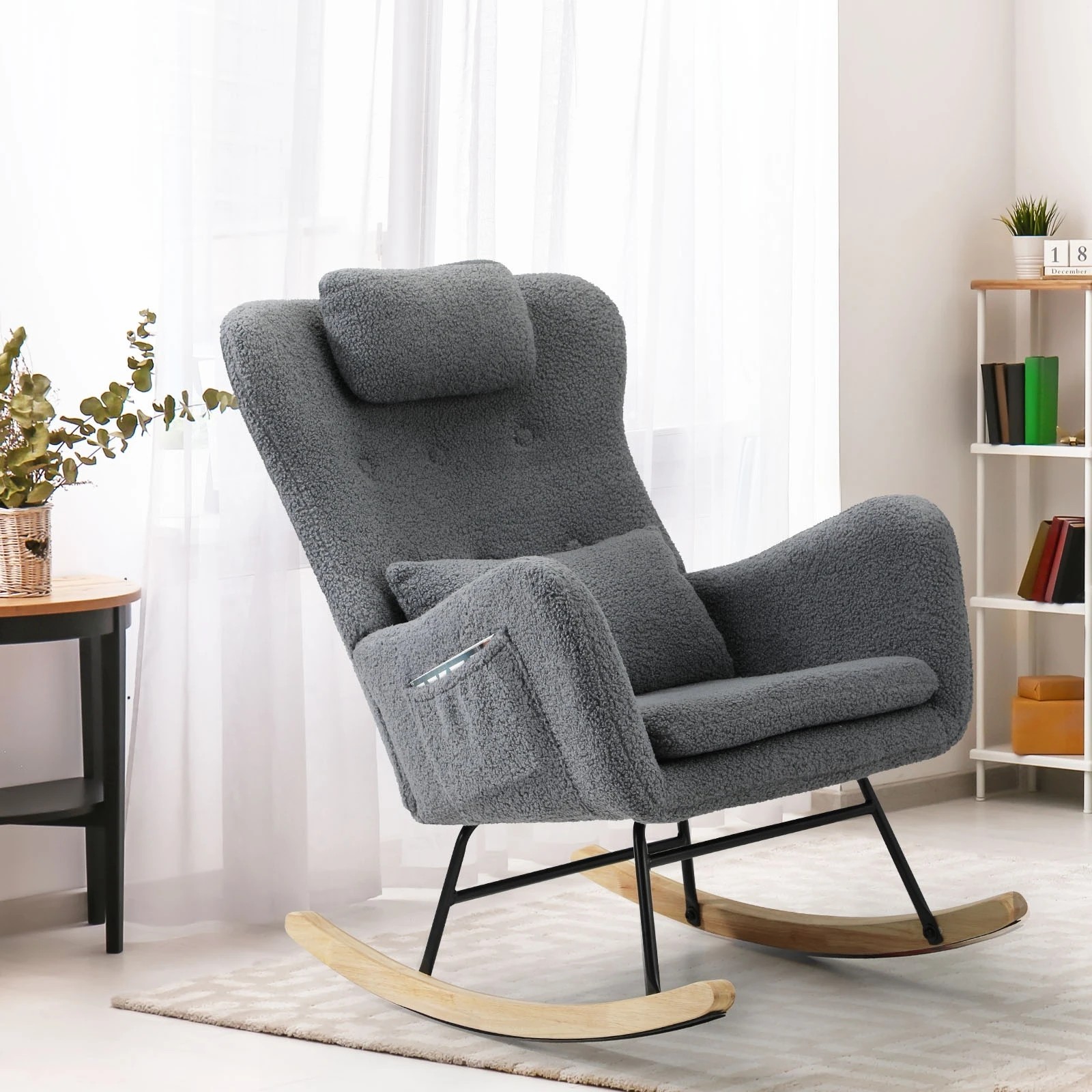 2 Oikiture Rocking Chair Nursing Armchair Sherpa Accent Chairs With 2 Pillow
 - Grey, 2 of 10