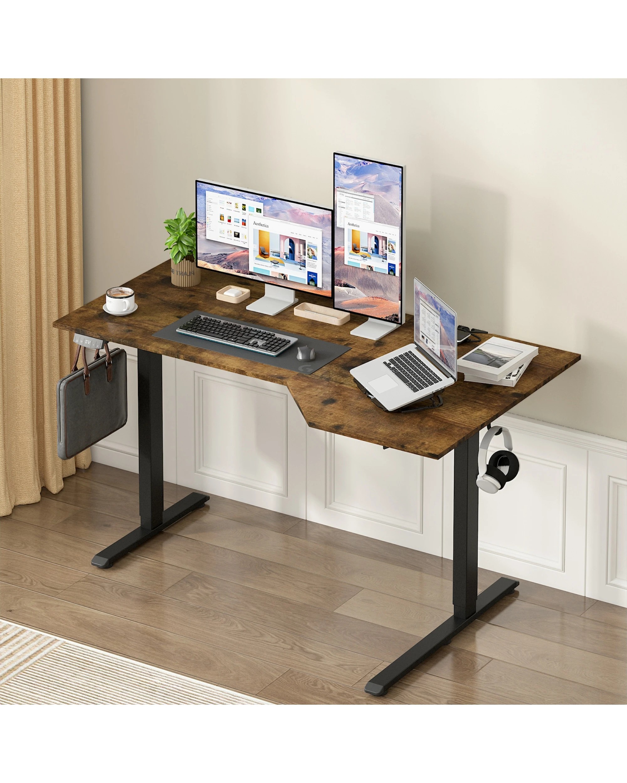 2 Advwin Electric Standing Desk L Shaped Corner Height Adjustable 140 x 80 cm - Brown, 2 of 8