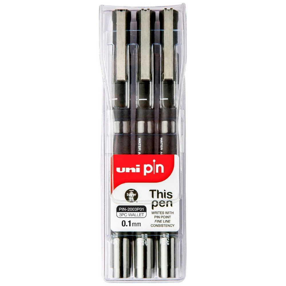 1 Uni Pin Fineliners 0.1mm Black 3 Pack, 1 of 2