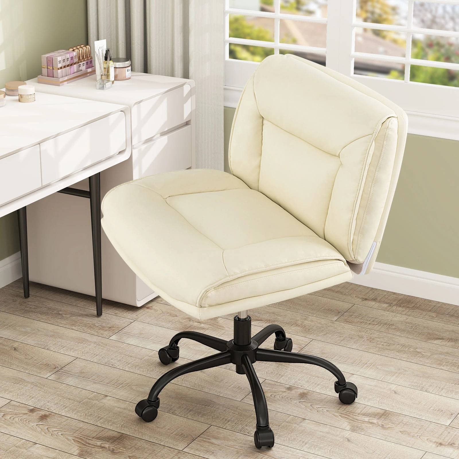 2 Costway Cross Legged Chair Mobile Home Office PU Leather Computer Desk Chair 360° Swivel Chair, 2 of 4