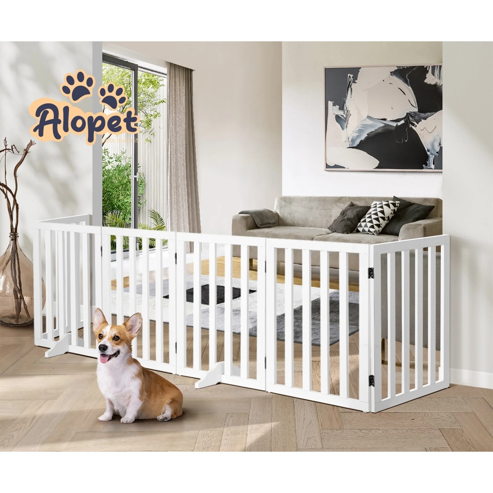 8 Alopet Wooden Pet Gate Dog Fence Safety Stair Barrier Security Door 6 Panels - White, 8 of 10