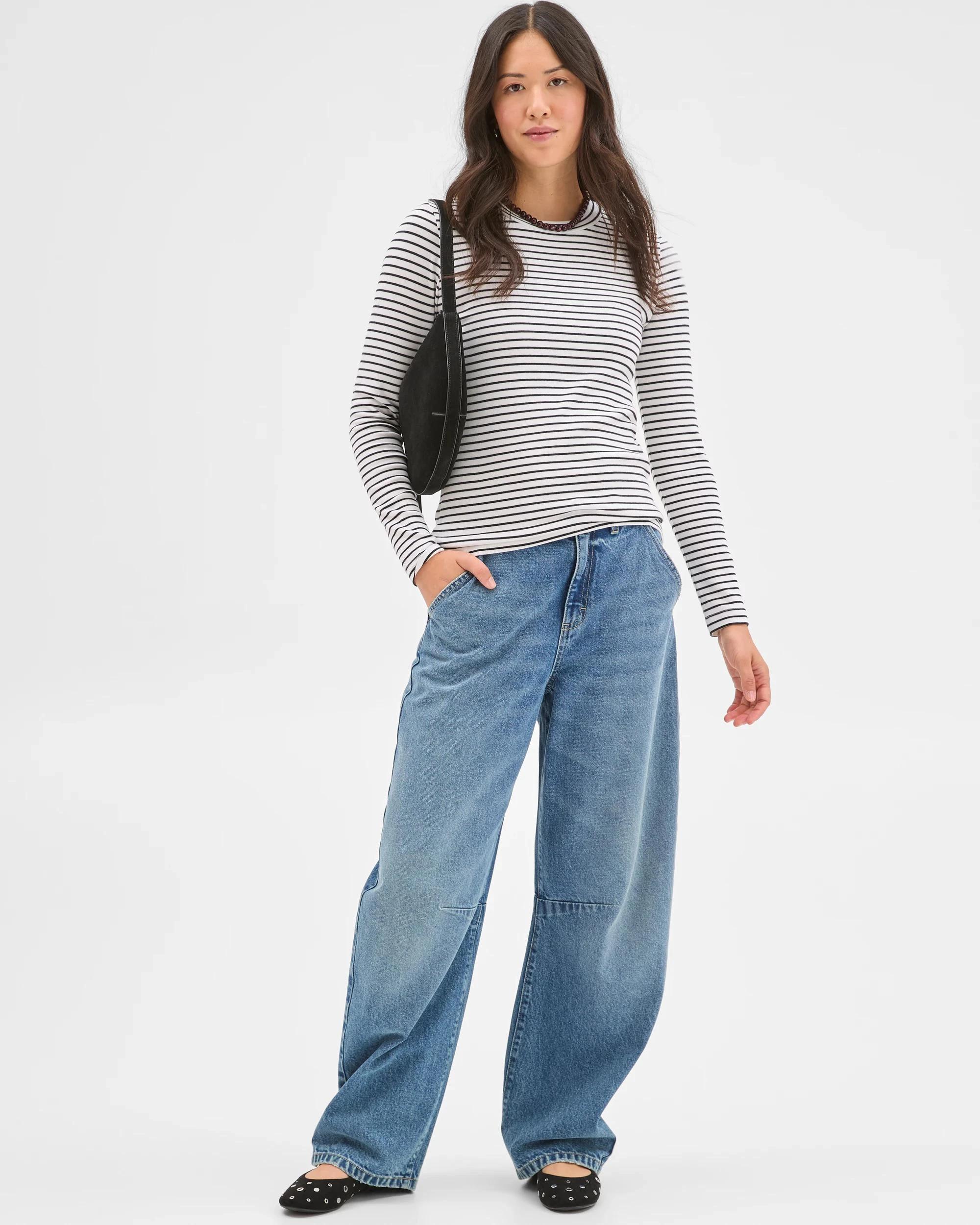 1 Target Woman Soft Touch Long Sleeve Striped T-Shirt CLOUD DANCER/BLACK, 1 of 8