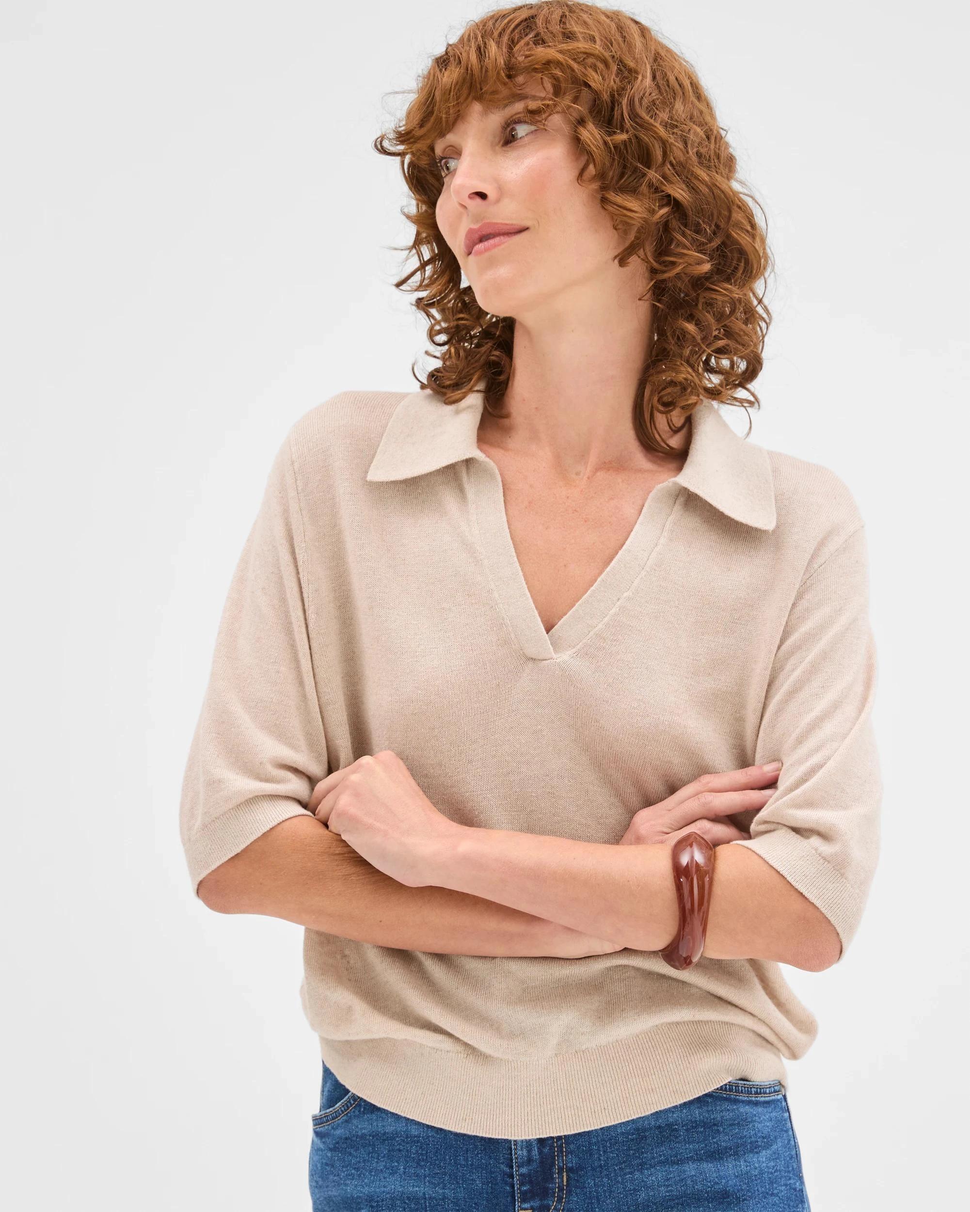 1 Target Woman Linen Blend Short Sleeve Polo Knit Top OATMEAL MARLE, 1 of 6