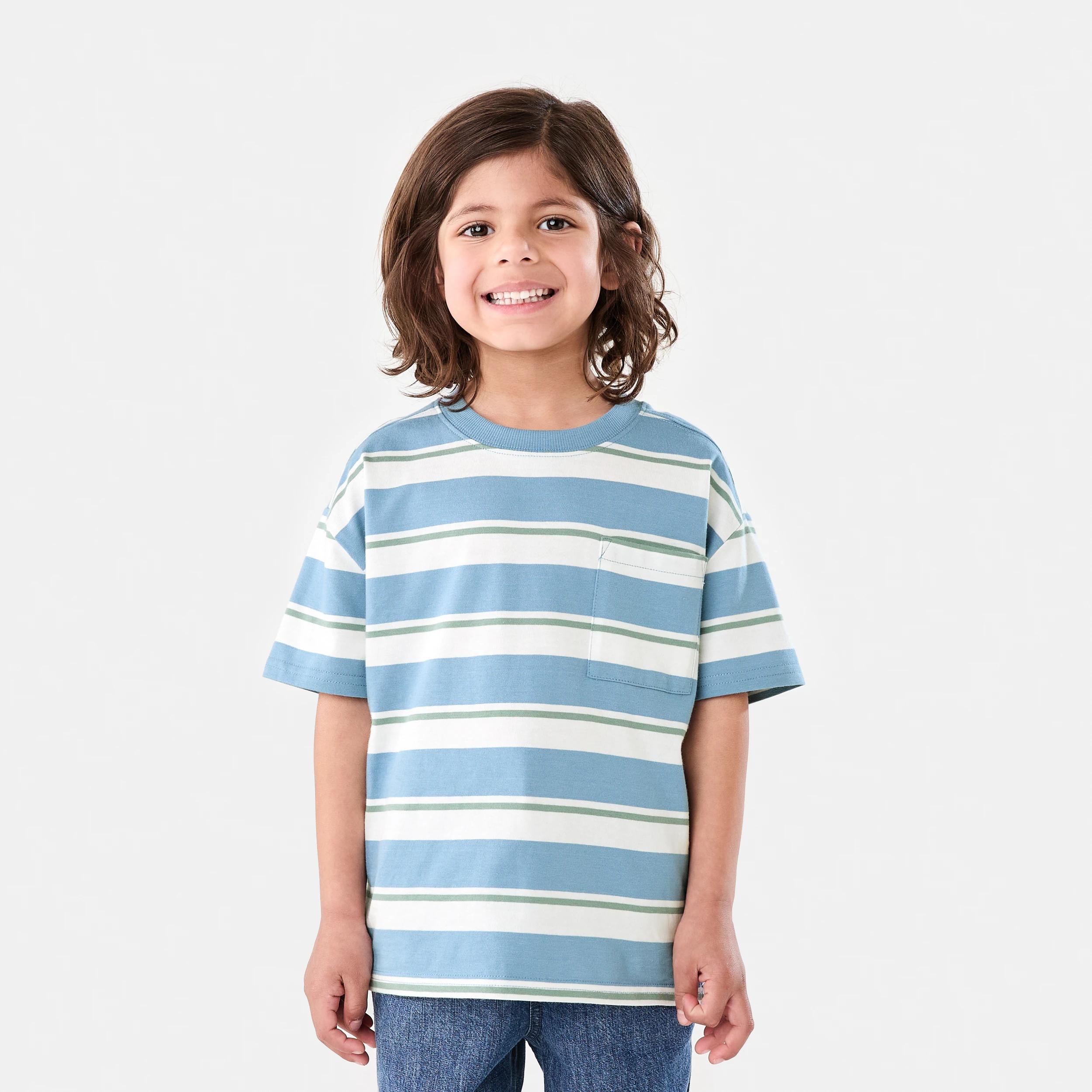 1 Short Sleeve Oversized Stripe T-shirt 3 COLOUR STRIPE FADED DENIM, 1 of 7