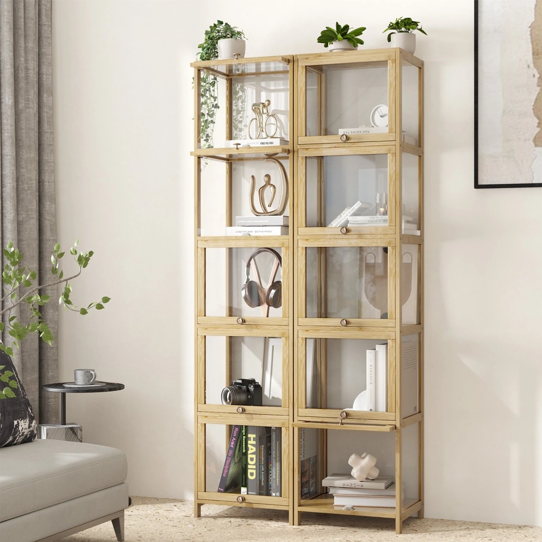 3 Oikiture Display Cabinet Slim Storage 5-tier Shelves Clear Bookcase Rack
 - Natural, 3 of 9