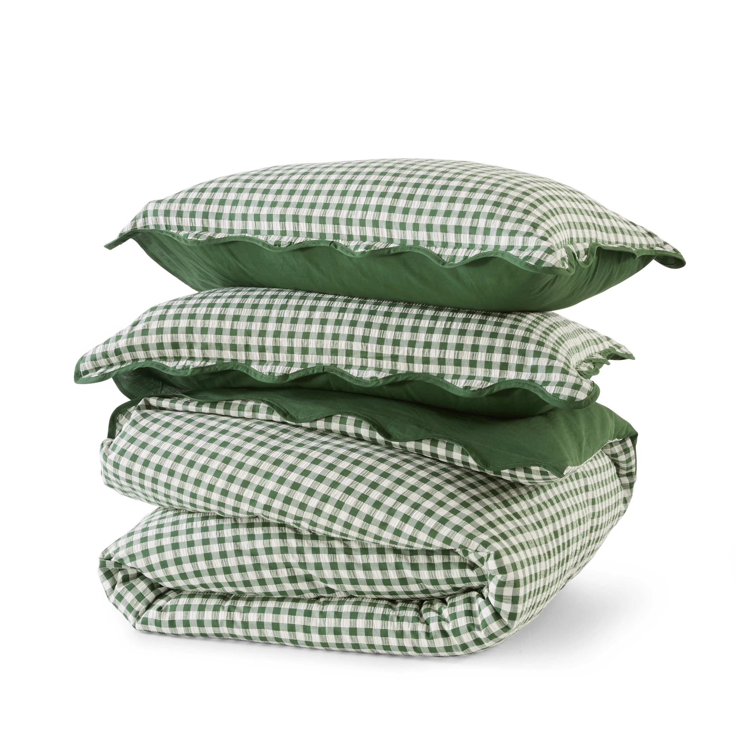 6 Gingham Scallop Cotton Quilt Cover Set - Queen Bed, Green, 6 of 7