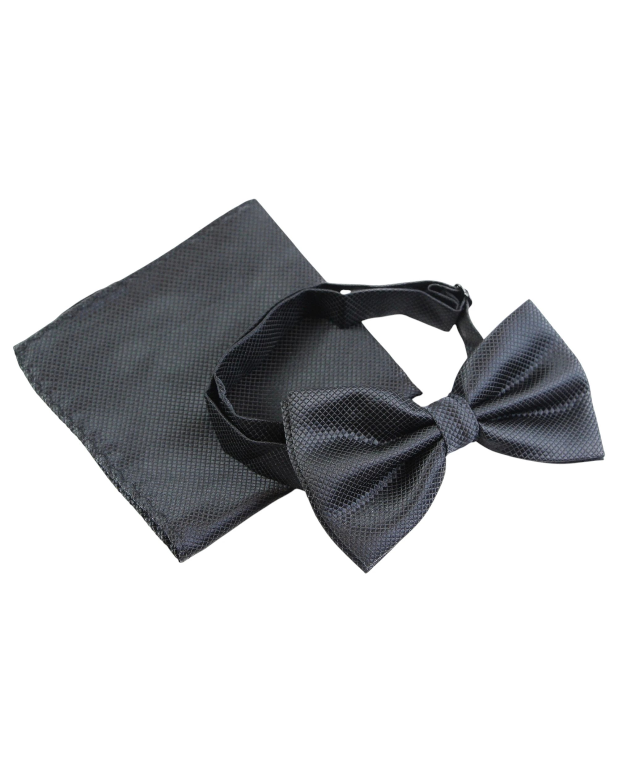 1 Zasel Mens Plain Coloured Checkered Bow Tie & Matching Pocket Square Set - Black - Black, 1 of 4