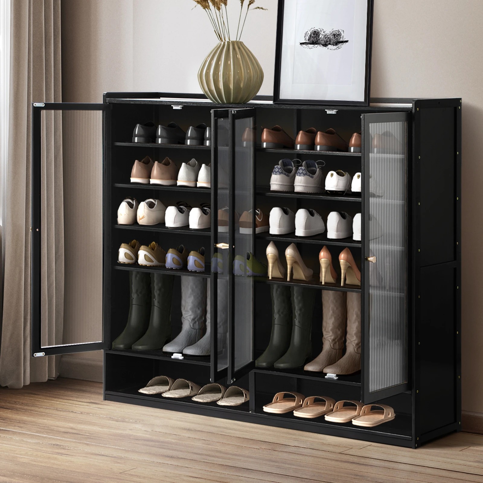 3 Oikiture Shoe Cabinet Shoes Storage Rack Organiser 4 Doors Shelf
 - Black, 3 of 9