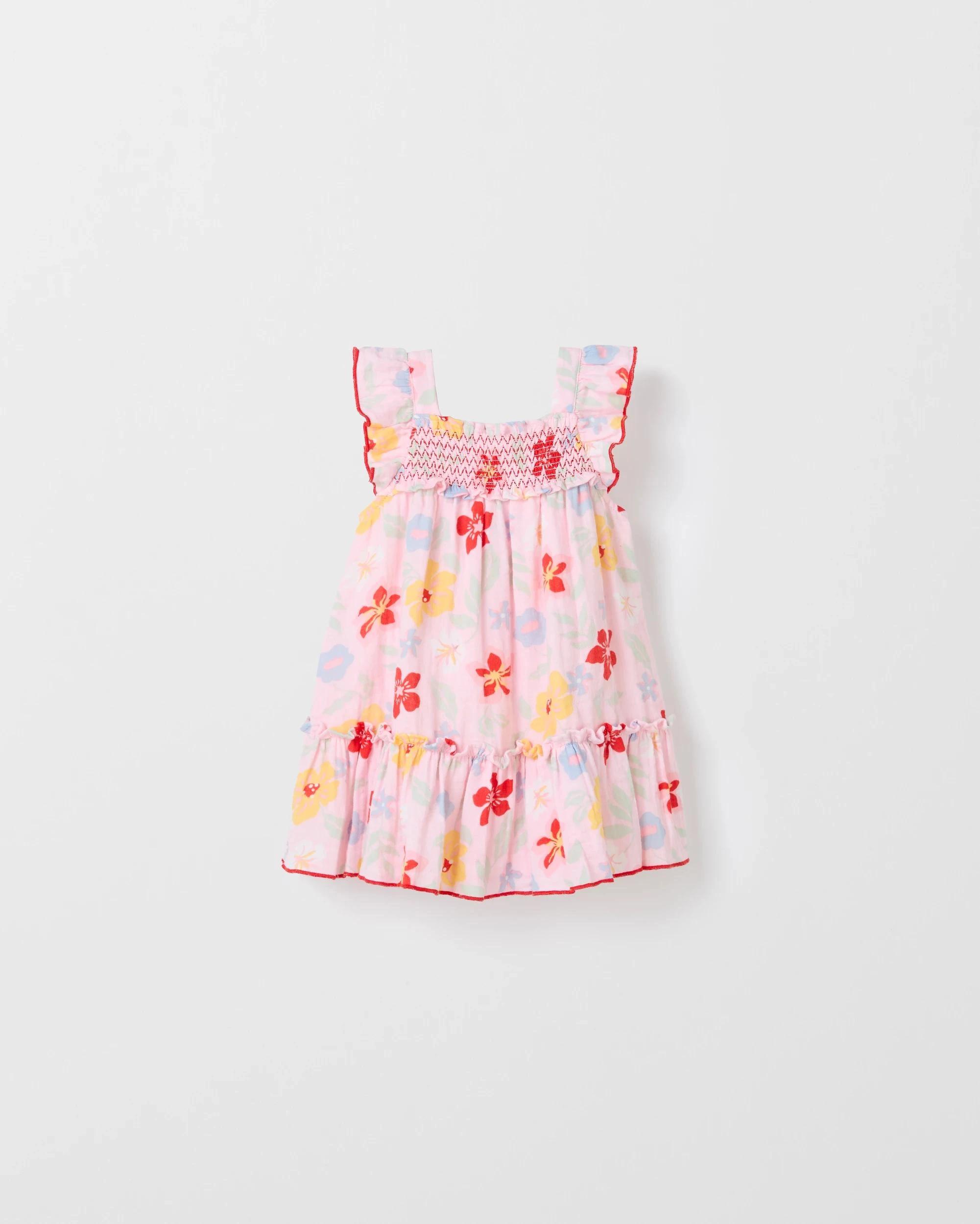 1 Target Baby Baby Shirred Frill Layer Dress TROPICAL FLORAL, 1 of 2