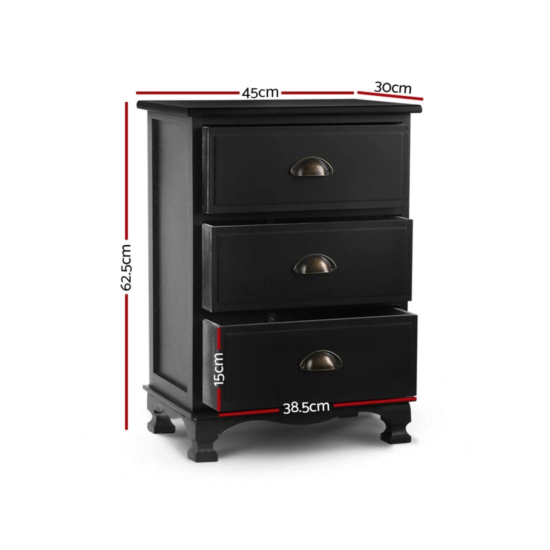 1 Artiss Bedside Table 3 Drawers Vintage - THYME - Black, 1 of 8