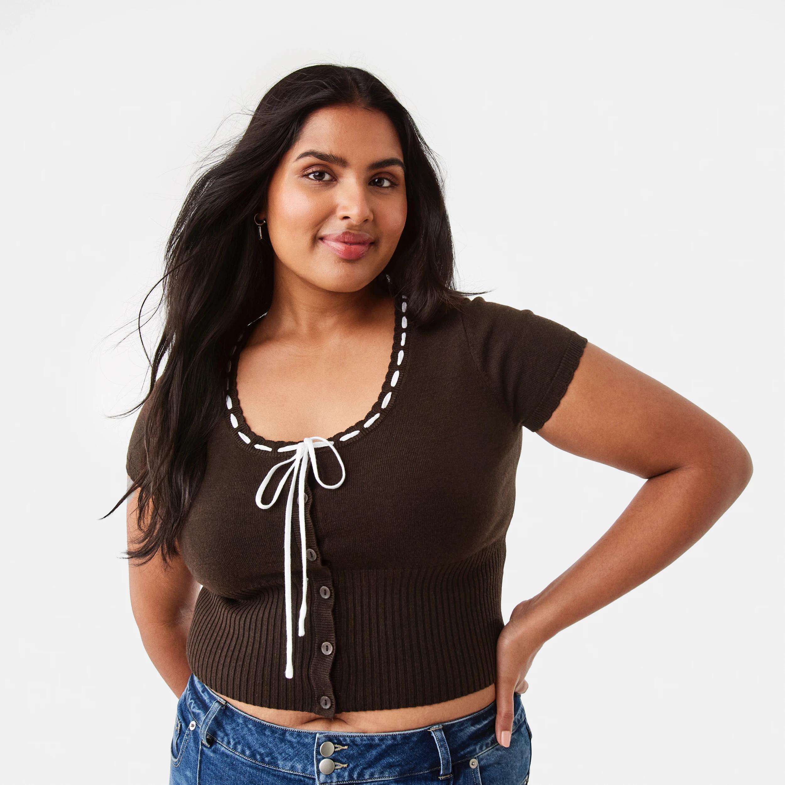 3 Short Sleeve Ribbon Detail Cardigan Melt Brown, 3 of 9