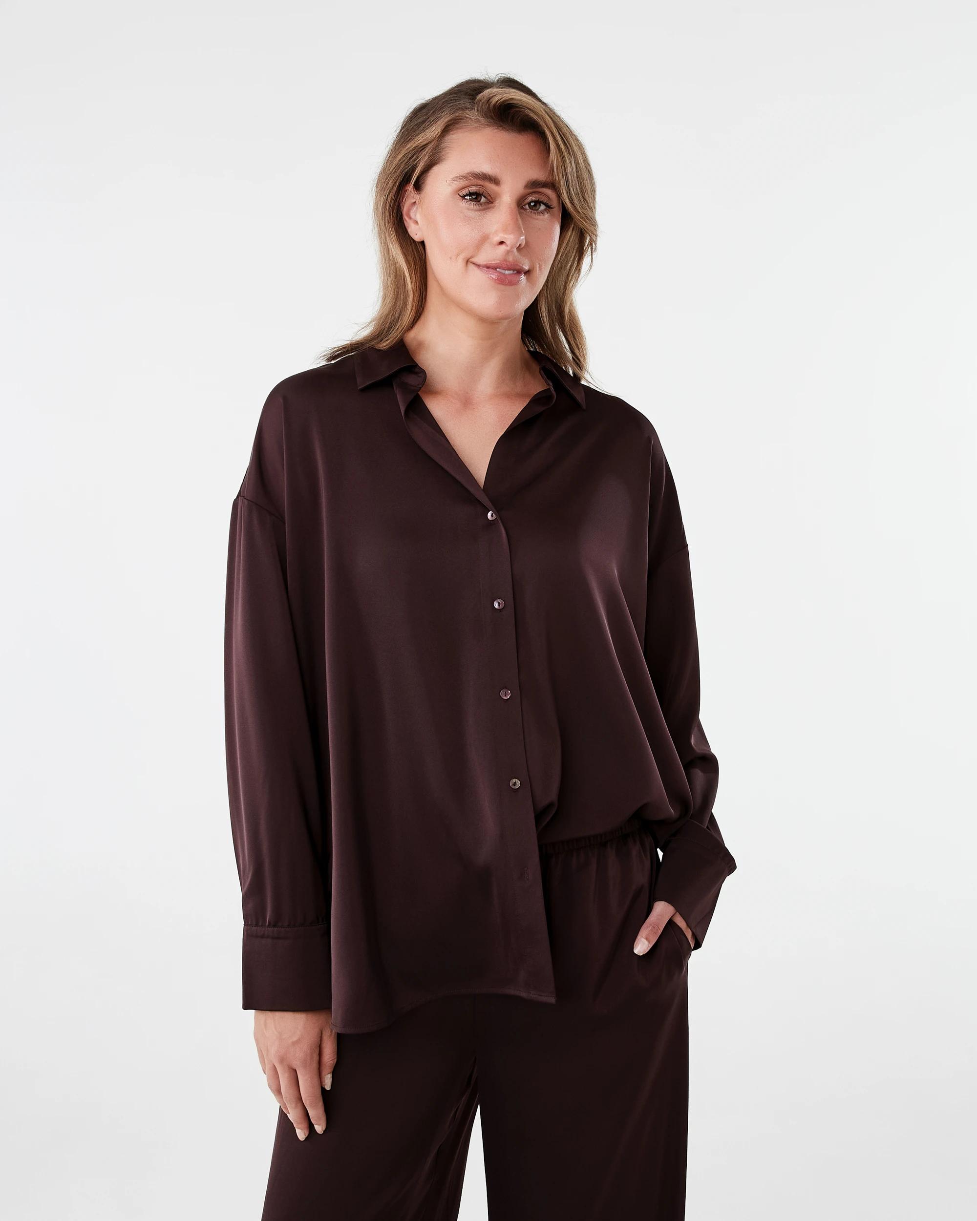 2 Long Sleeve Oversized Satin Shirt Choc Plum, 2 of 10