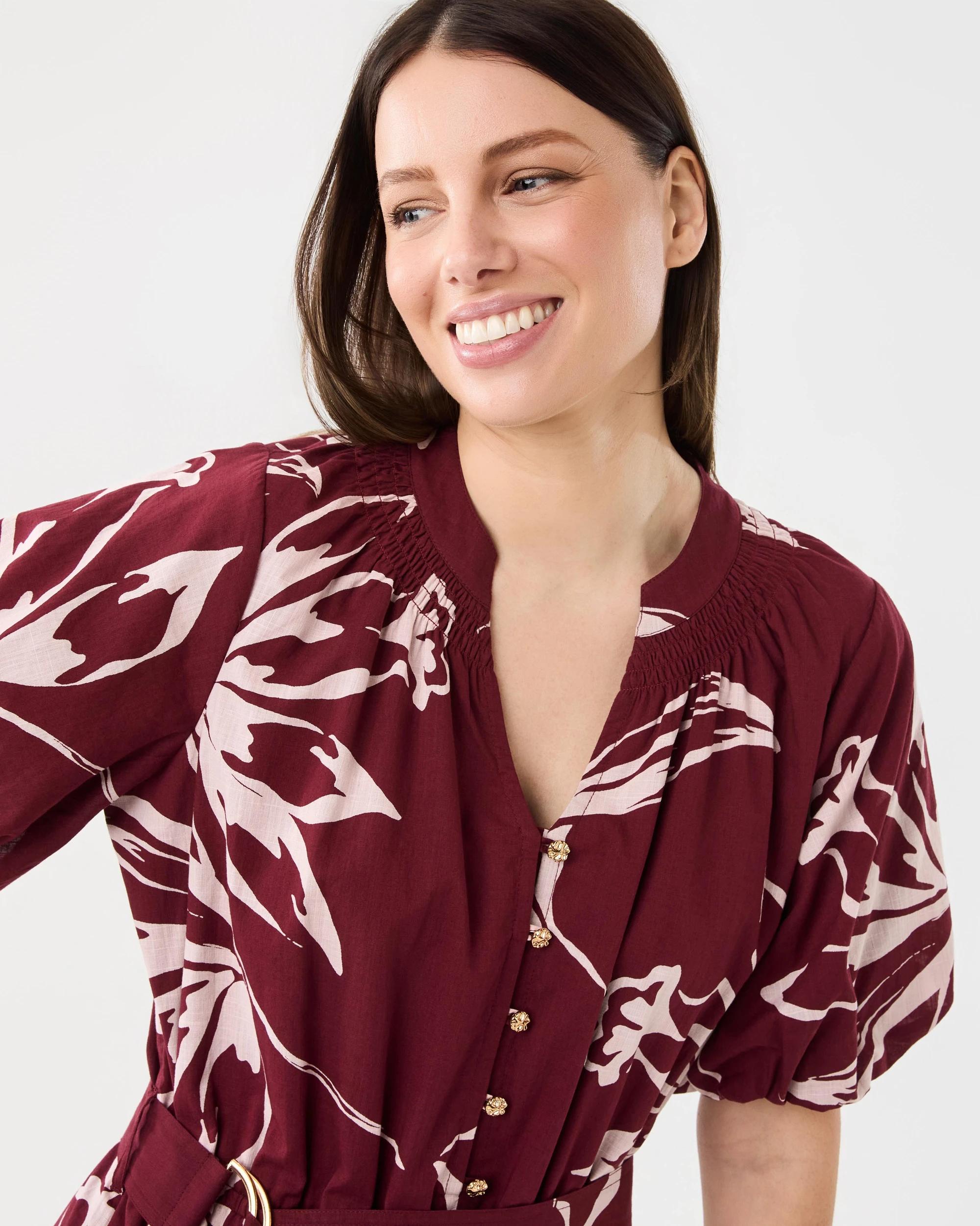 4 Short Sleeve Woven Belted Midi Dress Flrl Cran, 4 of 8