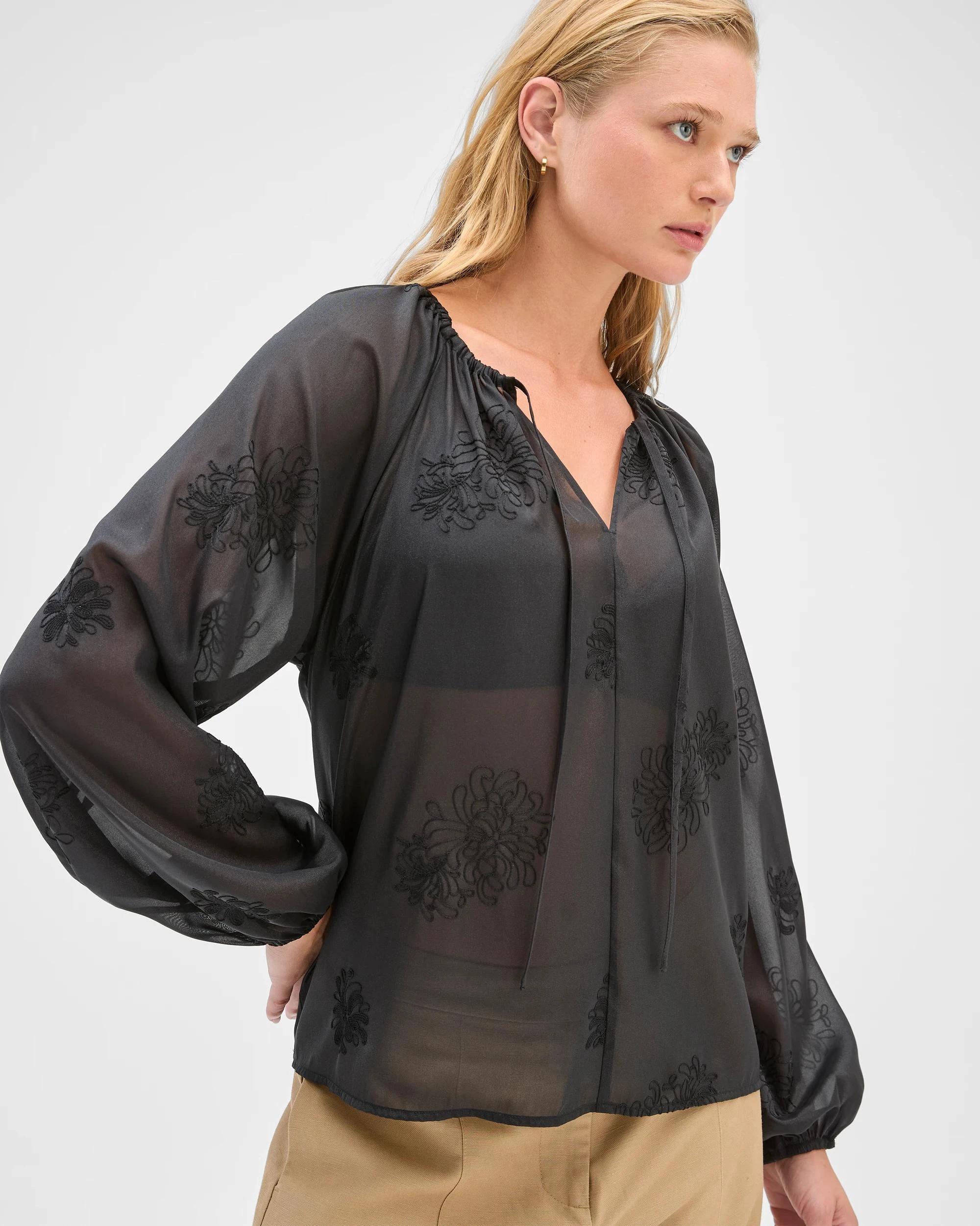 7 Preview Long Sleeve Embroidered Detail Blouse BLACK, 7 of 8