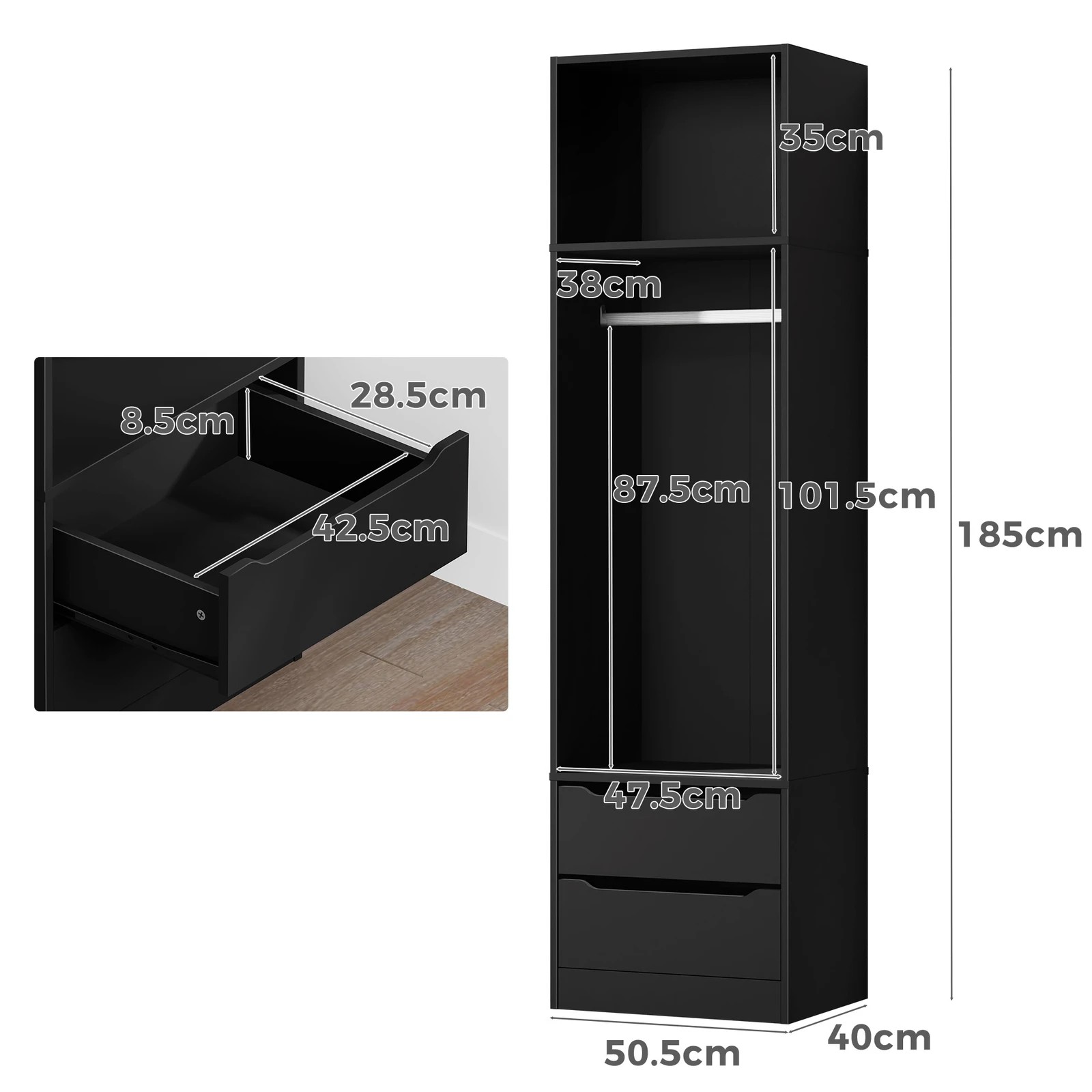 4 Alfordson Wardrobe 2 Drawers Clothes Storage Cabinet Hanging Rod - Black, 4 of 10