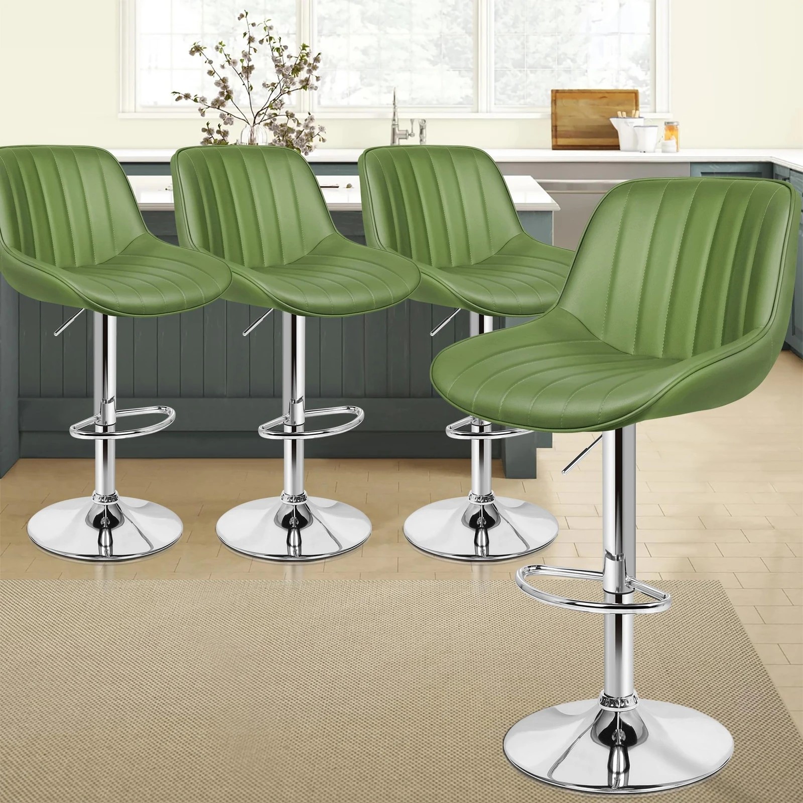 10 Alfordson 4x Bar Stools Gas Lift Leather Bar Chairs Kitchen Swivel - Green, 10 of 10