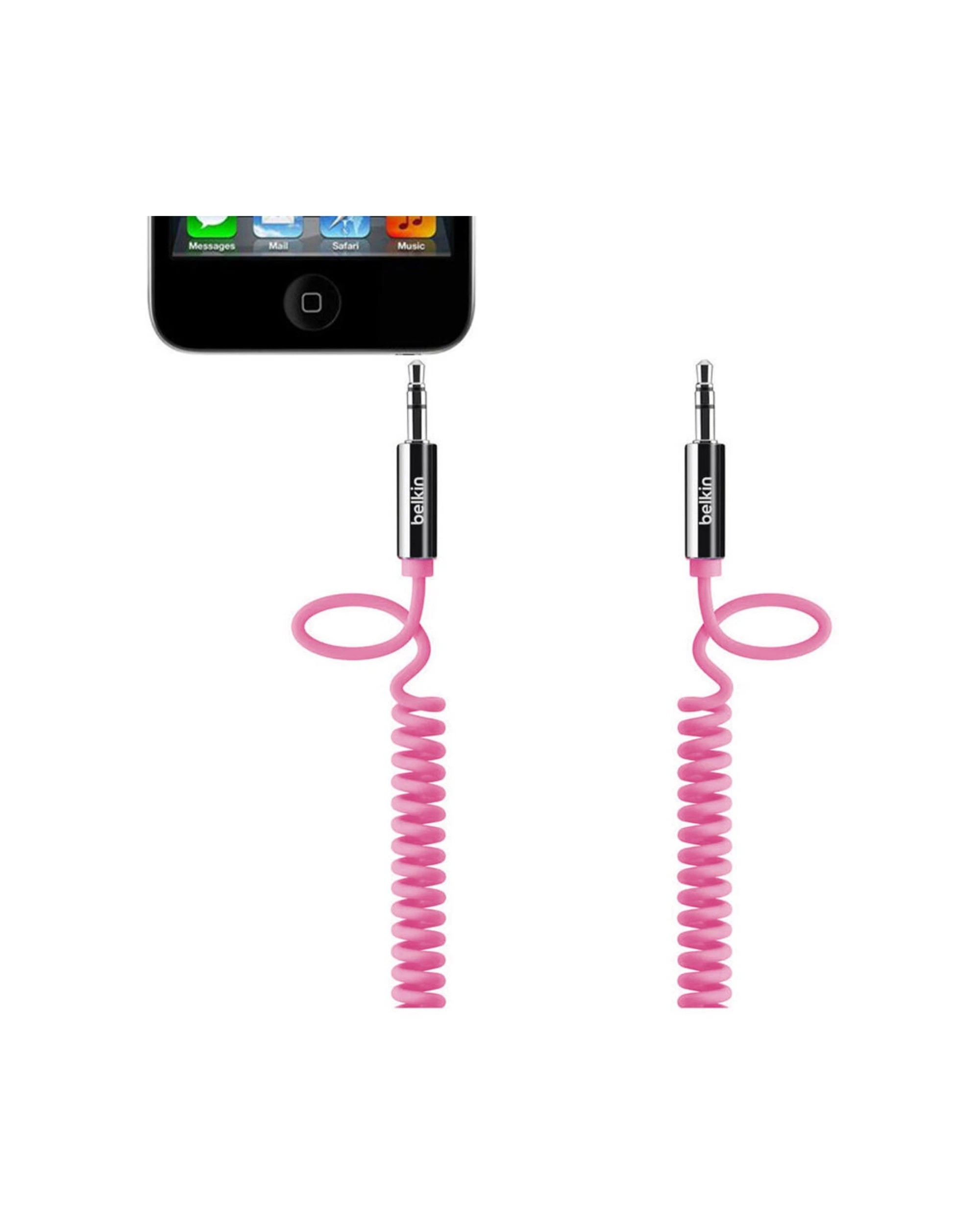 2 Belkin 2PK 1.8m Coiled Stereo Aux Cable Audio Male to Male 3.5mm - Pink, 2 of 3