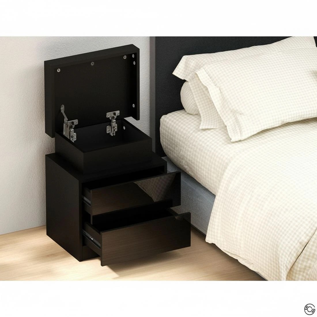 5 Artiss Bedside Table Led 2 Drawers Lift-up Storage Led Lighting Remote Control Bedroom Furniture Easy Assembly - Black, 5 of 7
