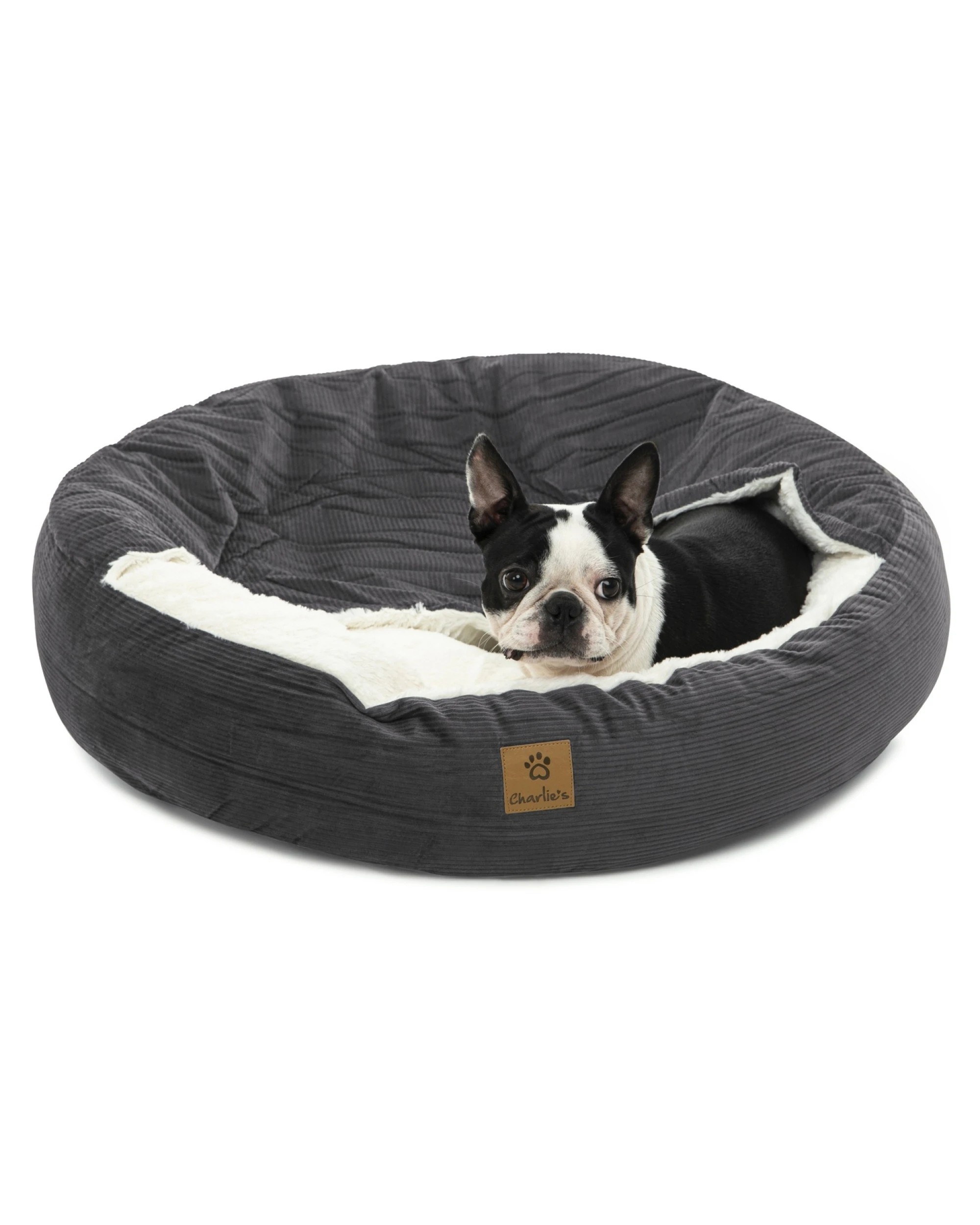 2 Charlie's Snookie Hooded Corduroy Calming Dog Bed Medium - Charcoal, 2 of 9