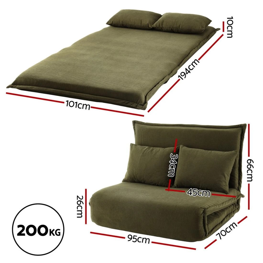 2 Artiss Floor Lounge Sofa Bed Foldable 2 Seater Green - Green, 2 of 8