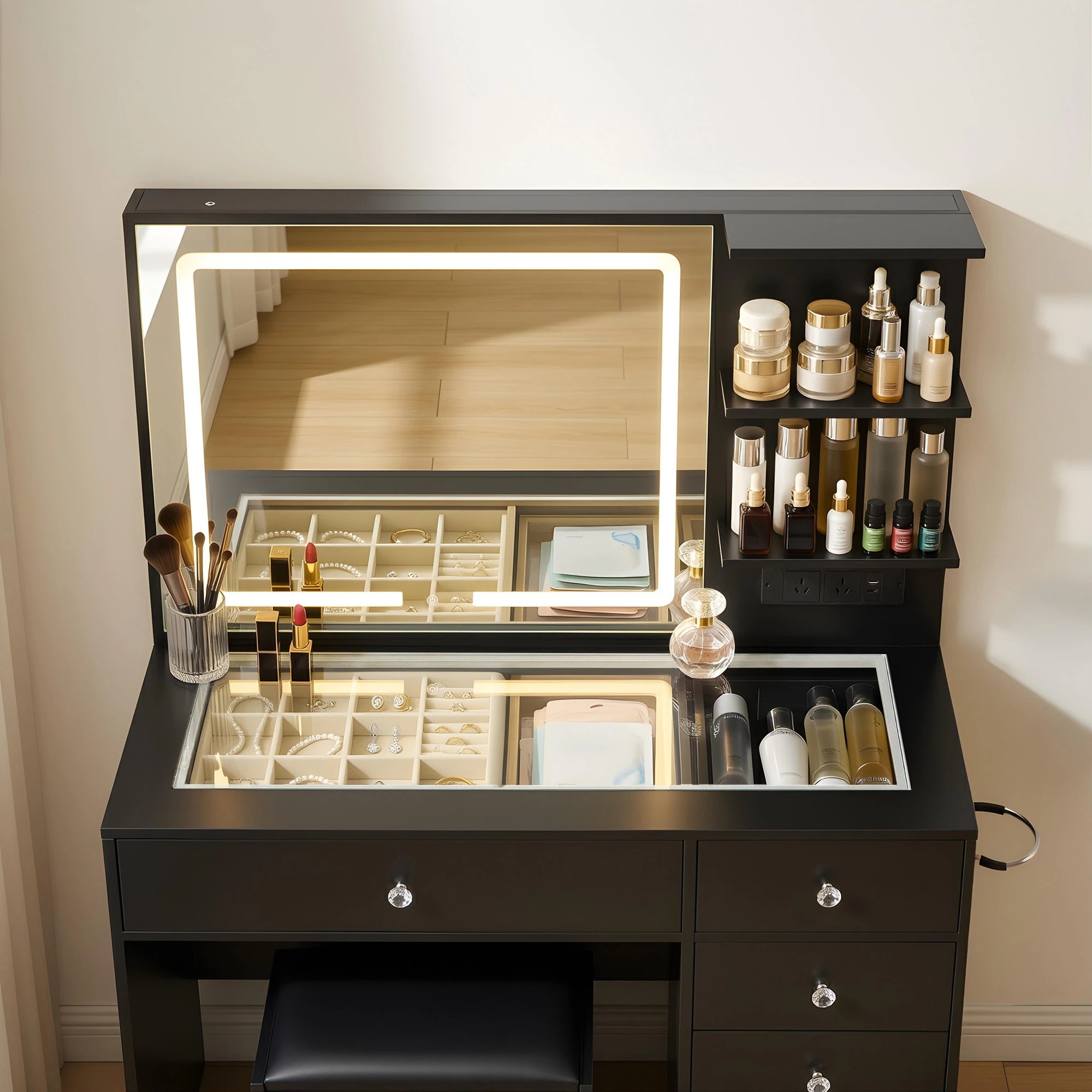 6 Artiss Dressing Table LED Vanity Desk Set Stool Charging Station Mirror - Black, 6 of 9