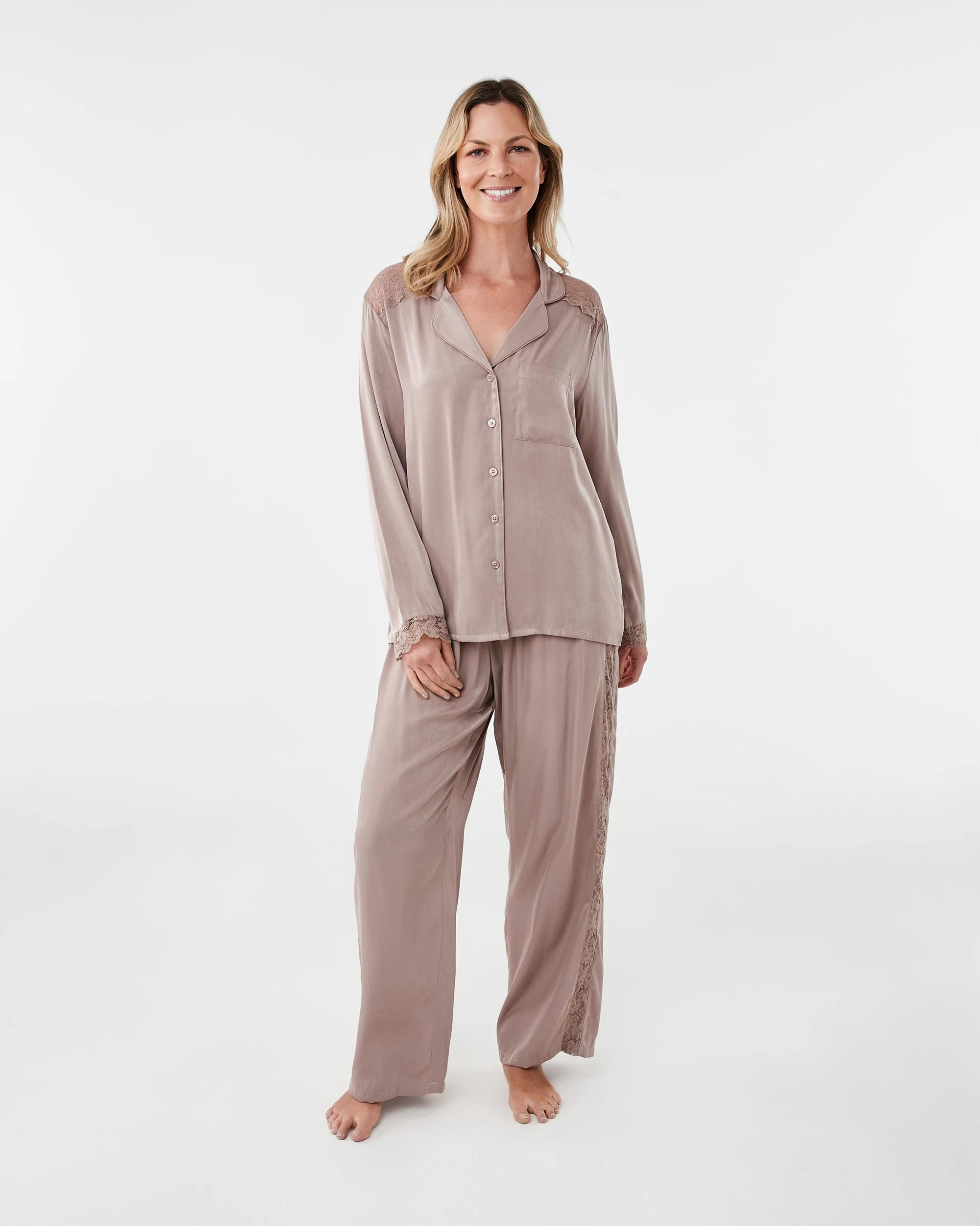 1 Lace Trim Matte Satin Pyjama Set Grey Taupe, 1 of 9