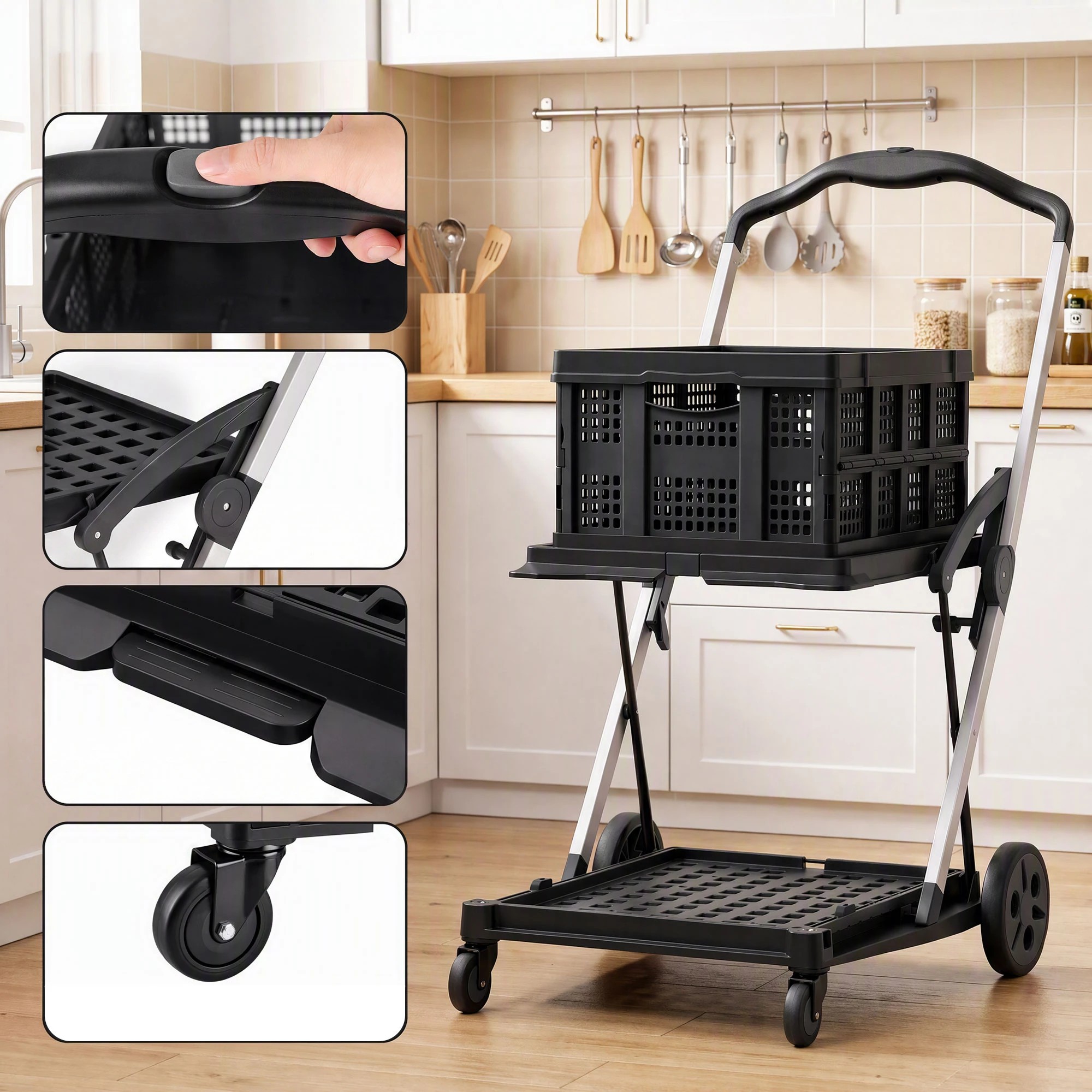 8 Artiss Shopping Trolley with Wheel 2 Layer w/2 Crates Foldable Trolley Cart for Grocery 90kg Weight Capacity - Multi, 8 of 10